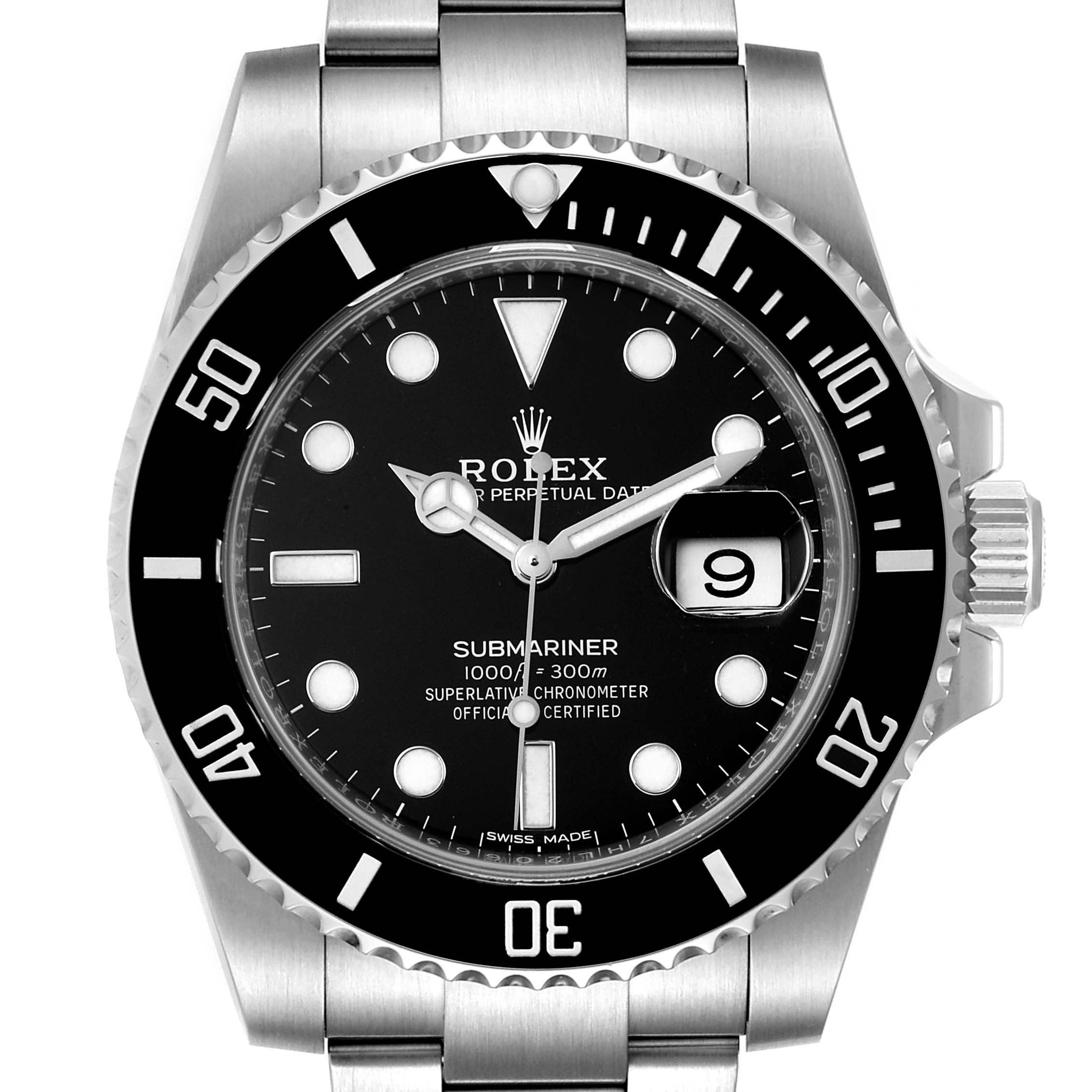 The image shows a front view of the Rolex Submariner 116610LN Men's Stainless Steel Black Dial 116610LN Men's Stainless Steel Black Dial watch, displaying its dial, bezel, crown, and bracelet.