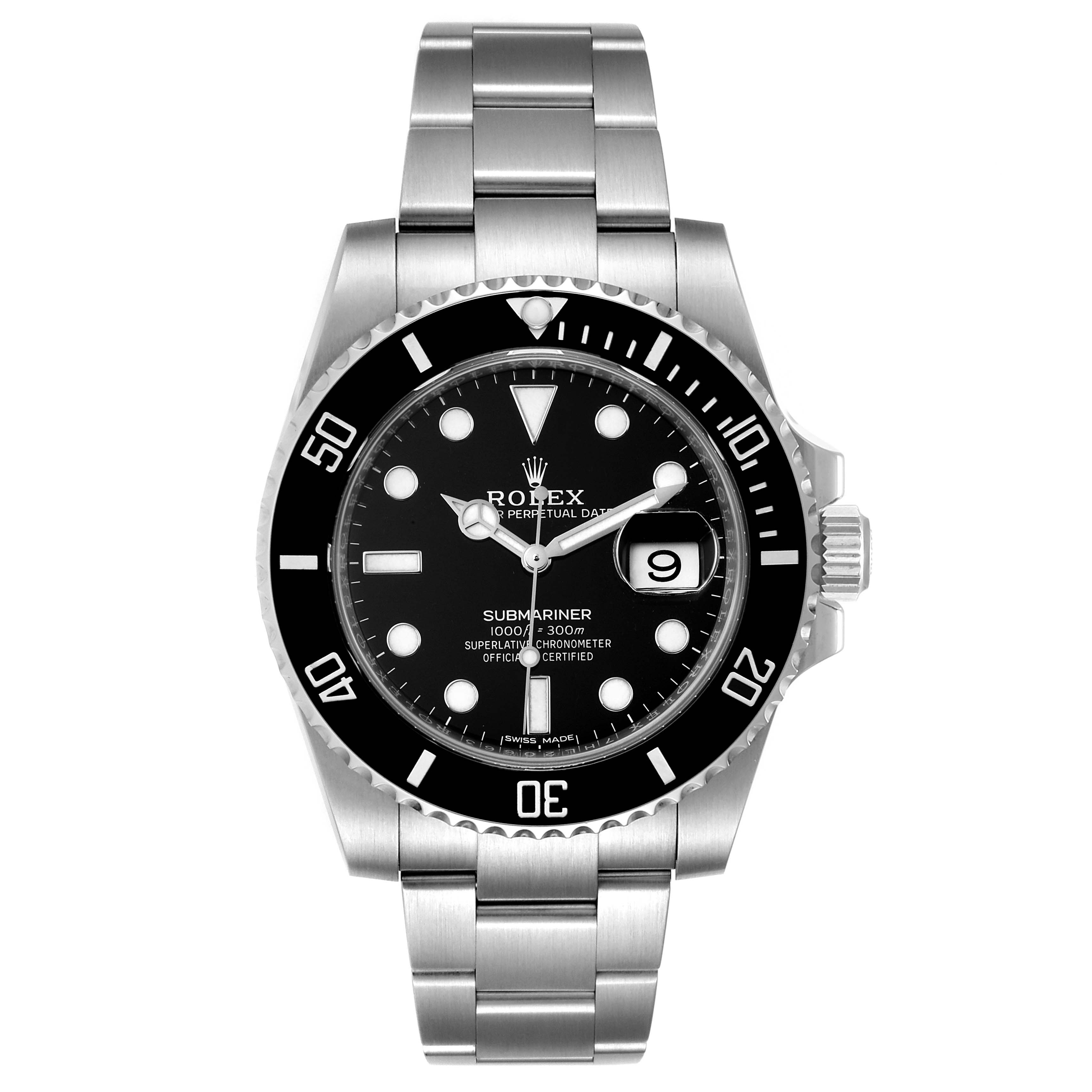 The image shows a front view of a Rolex Submariner 116610LN Men's Stainless Steel Black Dial 116610LN Men's Stainless Steel Black Dial watch, displaying the dial, bezel, case, crown, and bracelet.