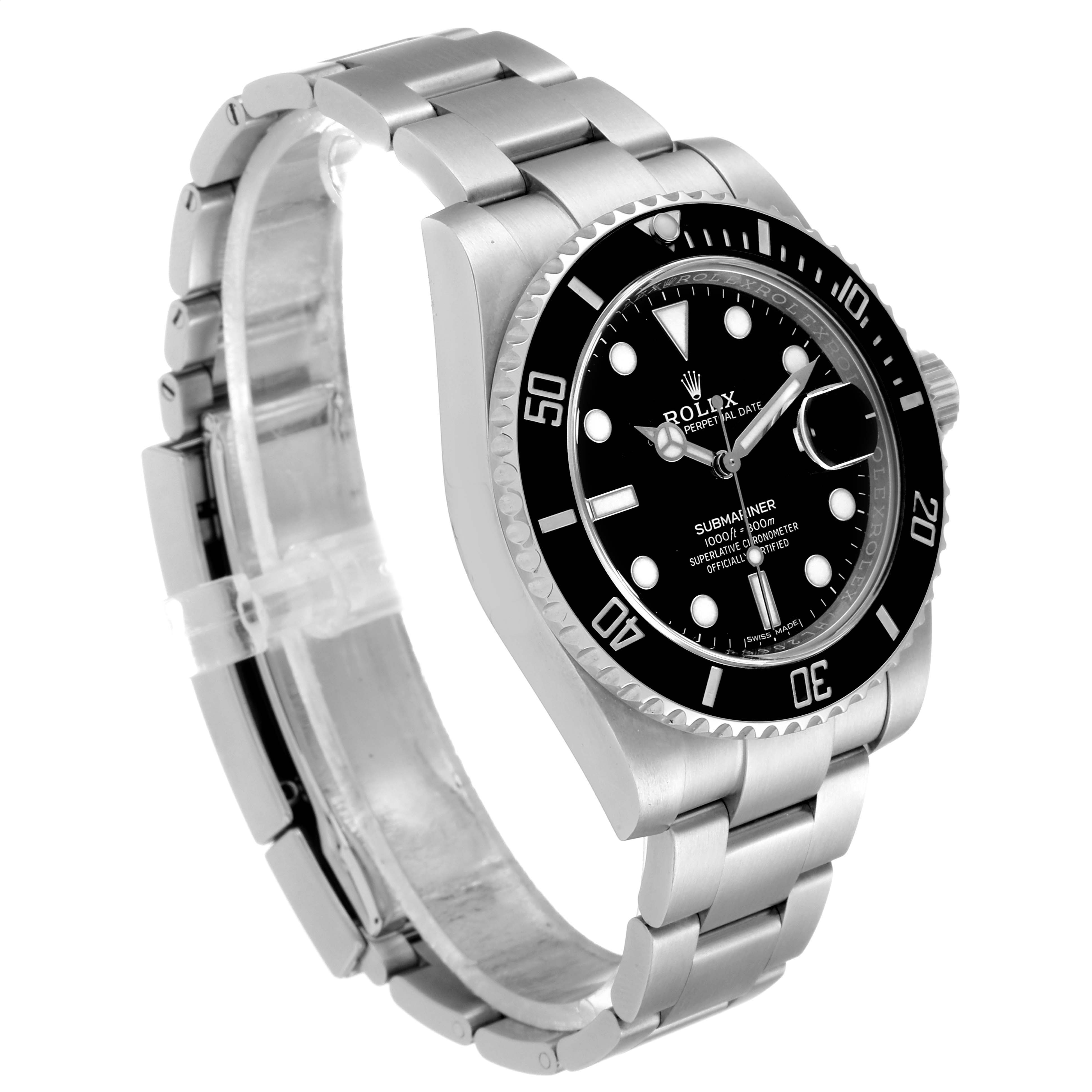 The image shows a Rolex Submariner 116610LN Men's Stainless Steel Black Dial 116610LN Men's Stainless Steel Black Dial watch angled to display the face, bezel, and part of the band.