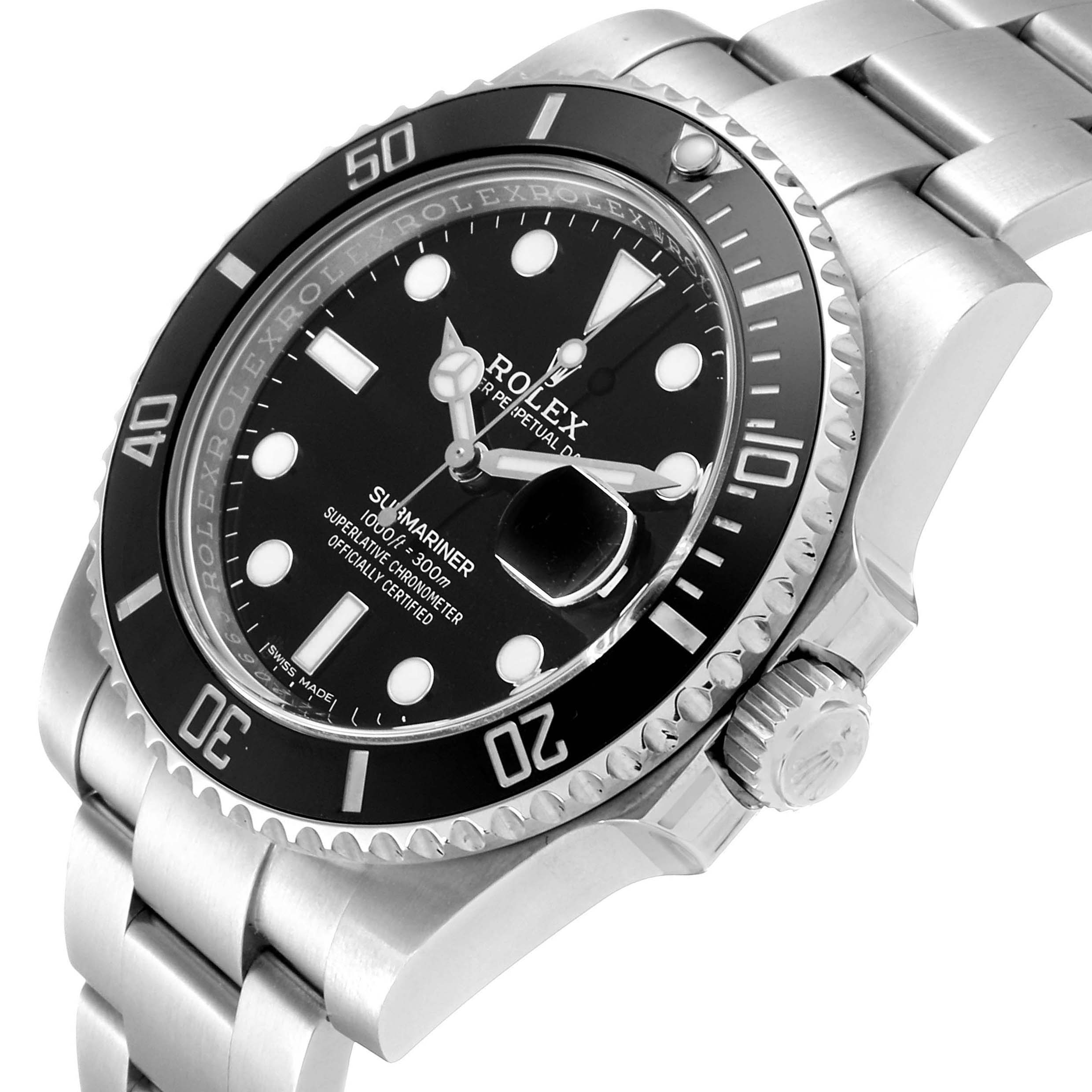 The image shows a close-up angled view of the dial, bezel, crown, and part of the bracelet of a Rolex Submariner 116610LN Men's Stainless Steel Black Dial 116610LN Men's Stainless Steel Black Dial watch.