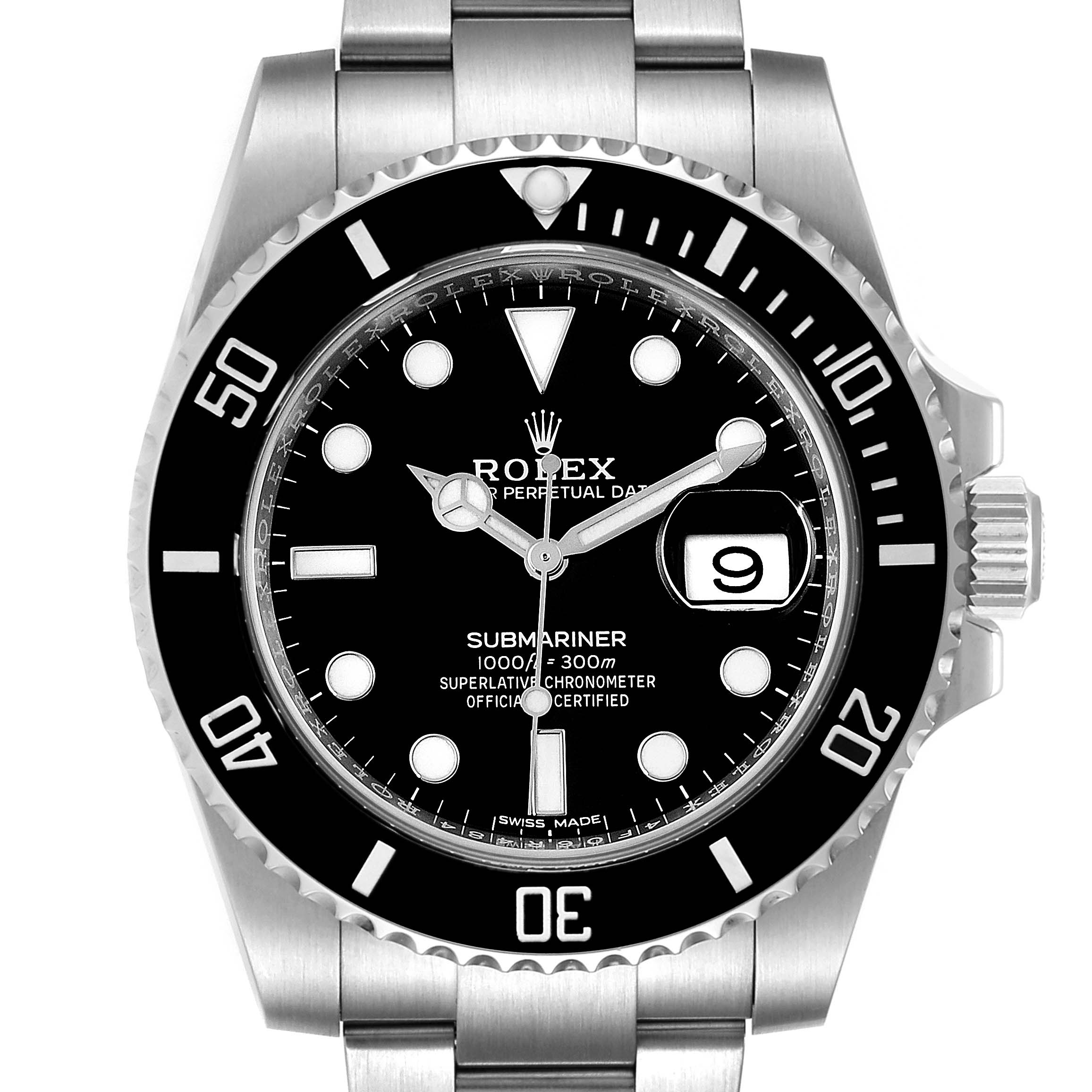 The image displays a front view of a Rolex Submariner 116610LN Men
s Stainless Steel Black Dial 116610LN Men
s Stainless Steel Black Dial, highlighting its black dial, date window, and rotating bezel.