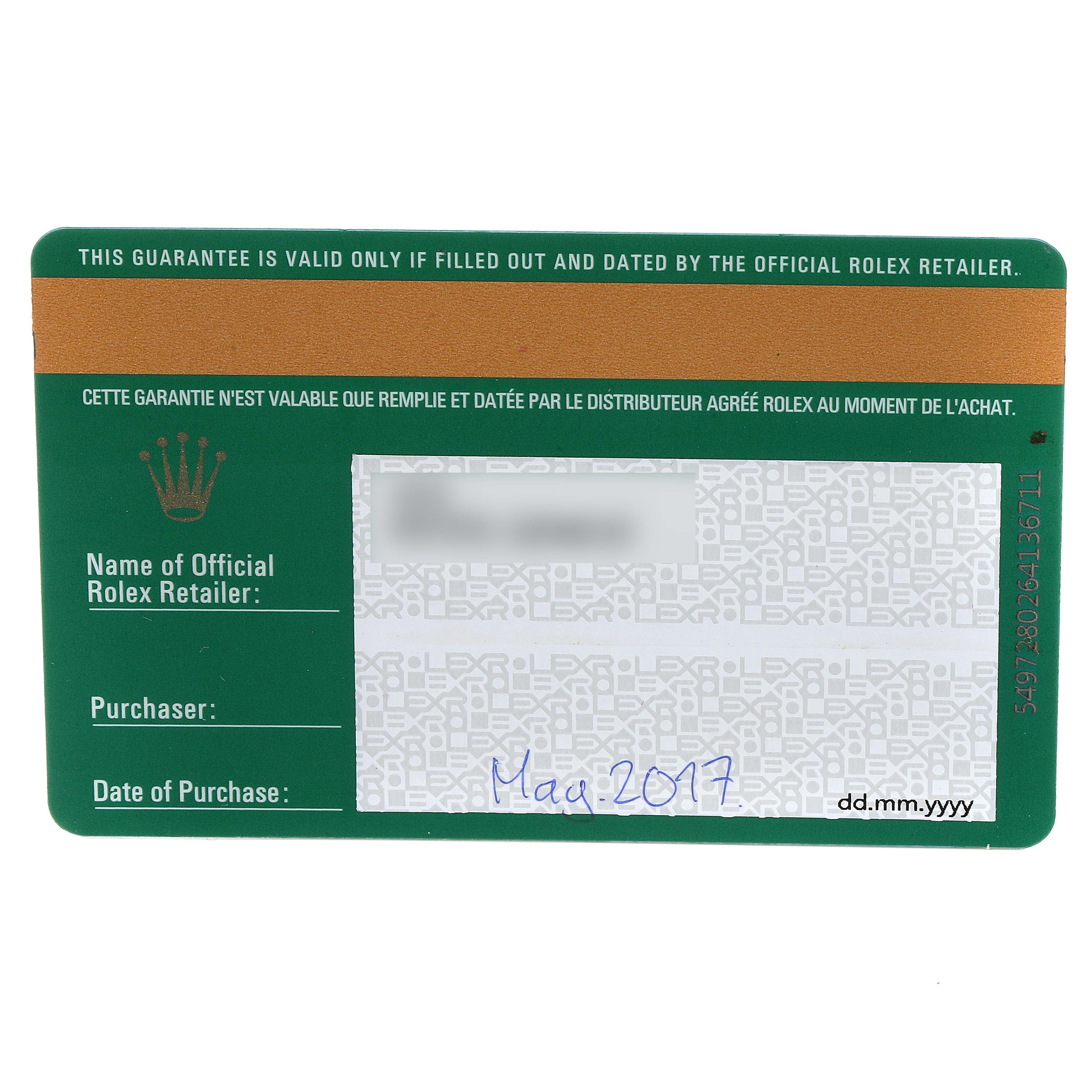 The image shows the warranty card for a Rolex Submariner 116610LN Men
s Stainless Steel Black Dial 116610LN Men
s Stainless Steel Black Dial watch, including fields for the retailer, purchaser, and date of purchase.