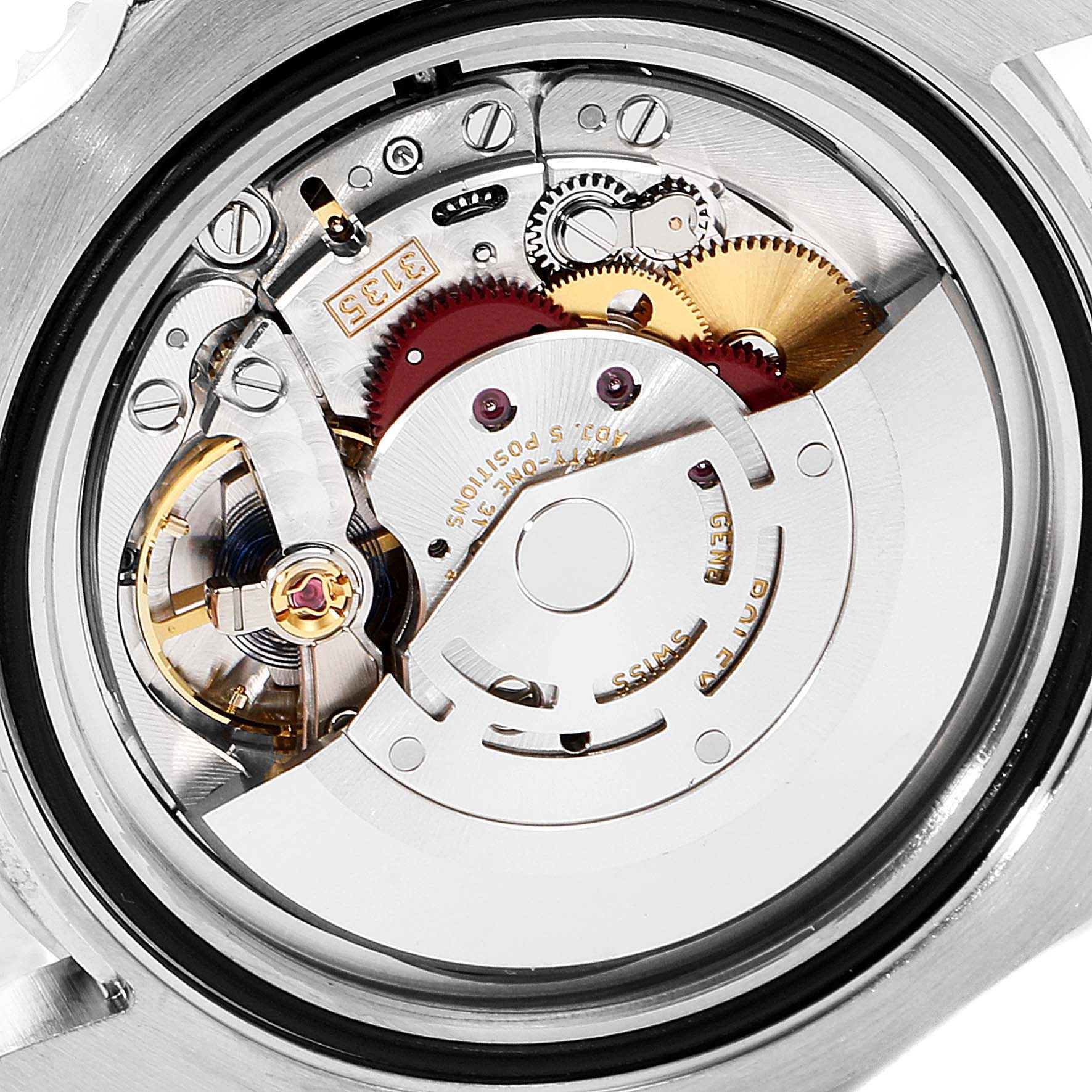 This image shows the internal movement mechanism of a Rolex Submariner 116610LN Men
s Stainless Steel Black Dial 116610LN Men
s Stainless Steel Black Dial watch from a rear angle.