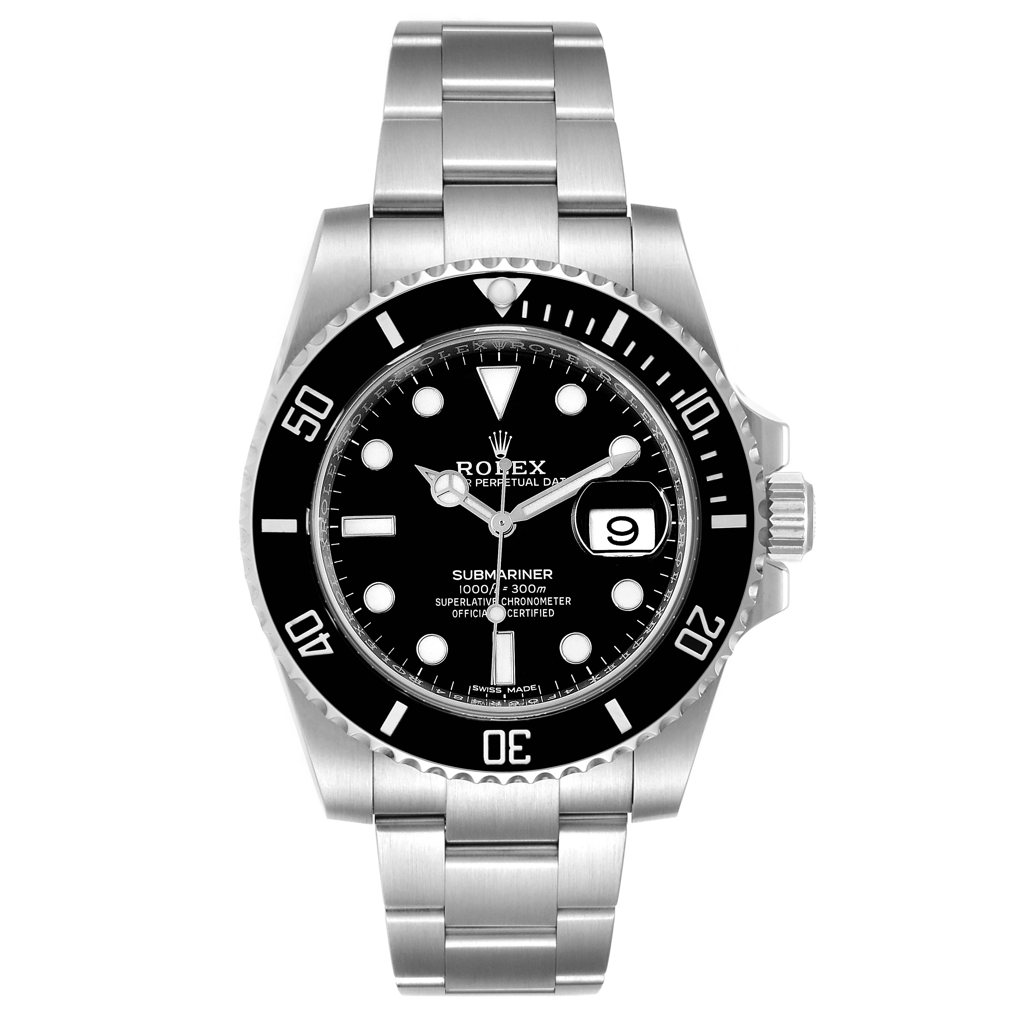This image shows a front view of the Rolex Submariner 116610LN Men
s Stainless Steel Black Dial 116610LN Men
s Stainless Steel Black Dial watch, displaying its dial, bezel, bracelet, and date window.