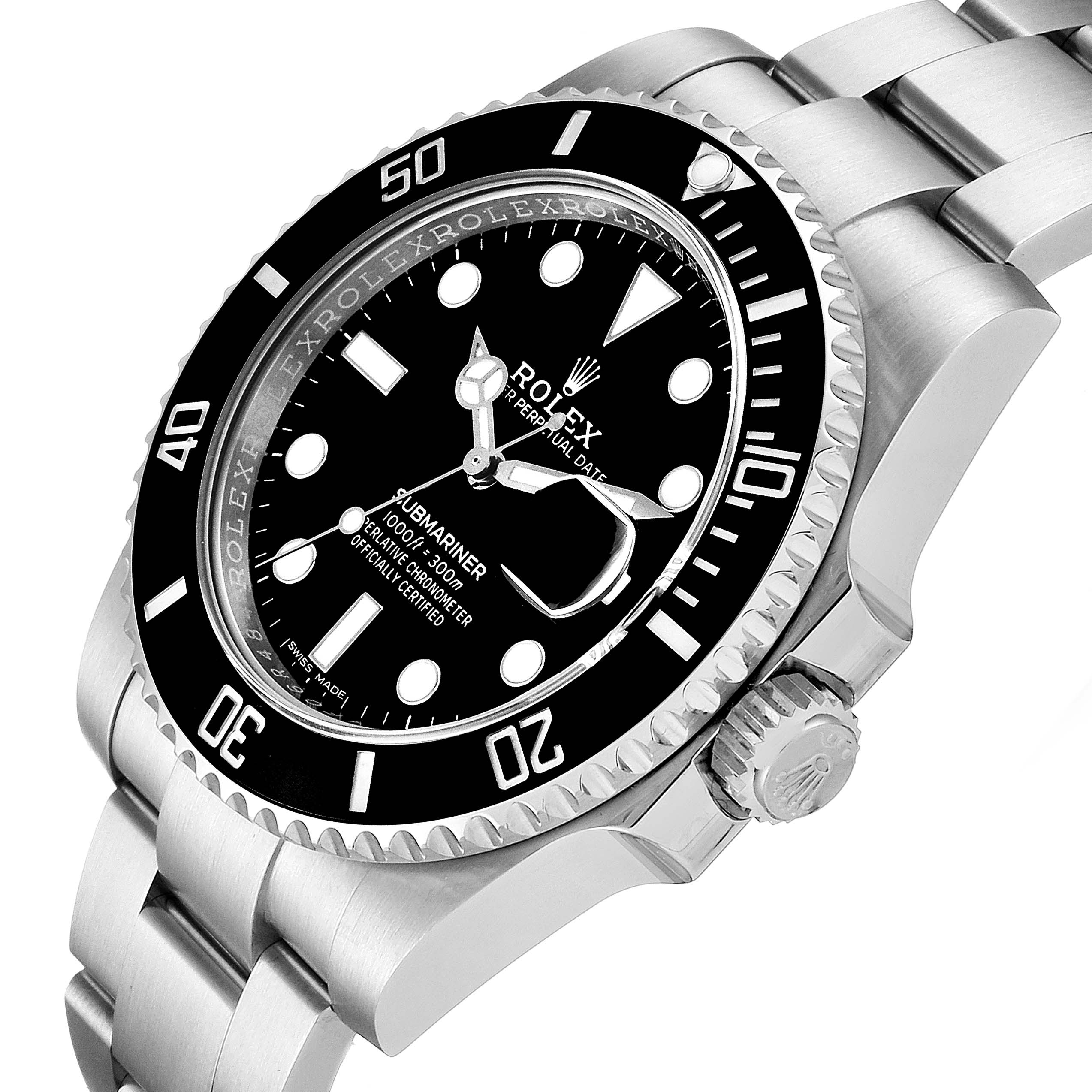 The image shows a close-up side angle of the Rolex Submariner 116610LN Men
s Stainless Steel Black Dial 116610LN Men
s Stainless Steel Black Dial watch, highlighting the bezel, dial, and part of the bracelet.