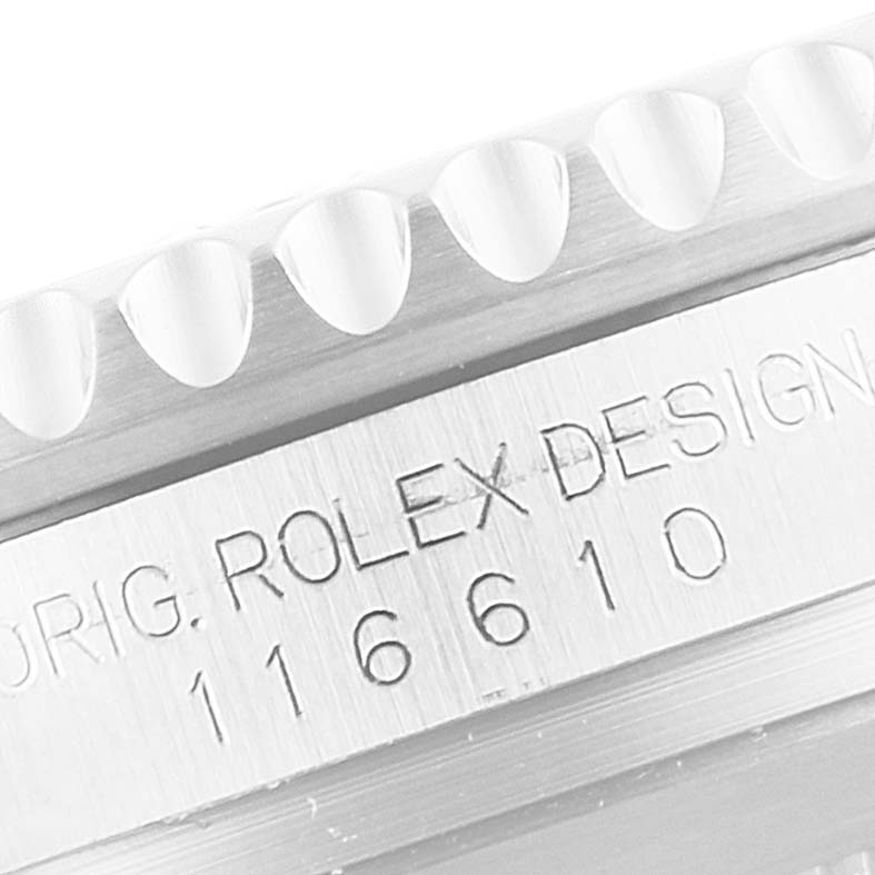 This close-up image shows the model number and design marking on the side of the bezel of a Rolex Submariner 116610LN Men
s Stainless Steel Black Dial 116610LN Men
s Stainless Steel Black Dial watch.