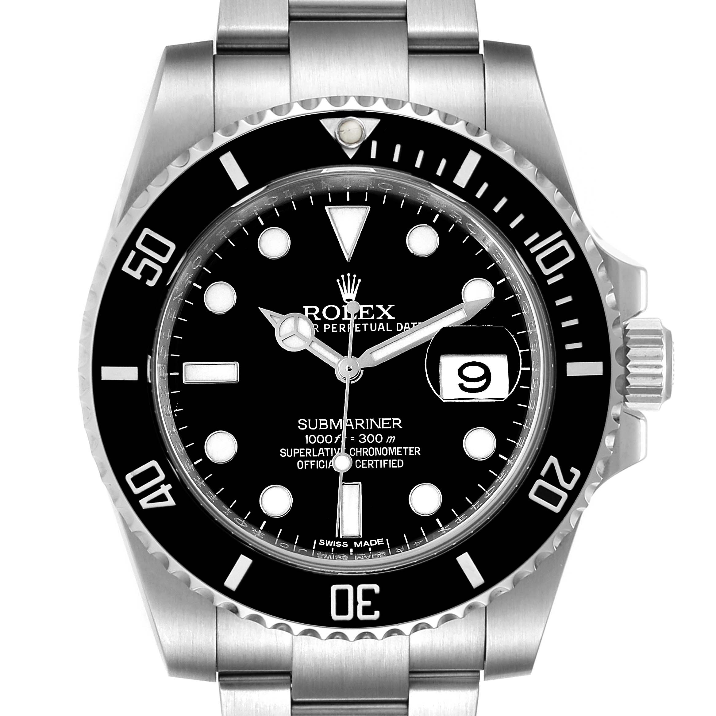 The image shows a front view of the Rolex Submariner 116610LN Men
s Stainless Steel Black Dial 116610LN Men
s Stainless Steel Black Dial watch, displaying its face, bezel, and bracelet.