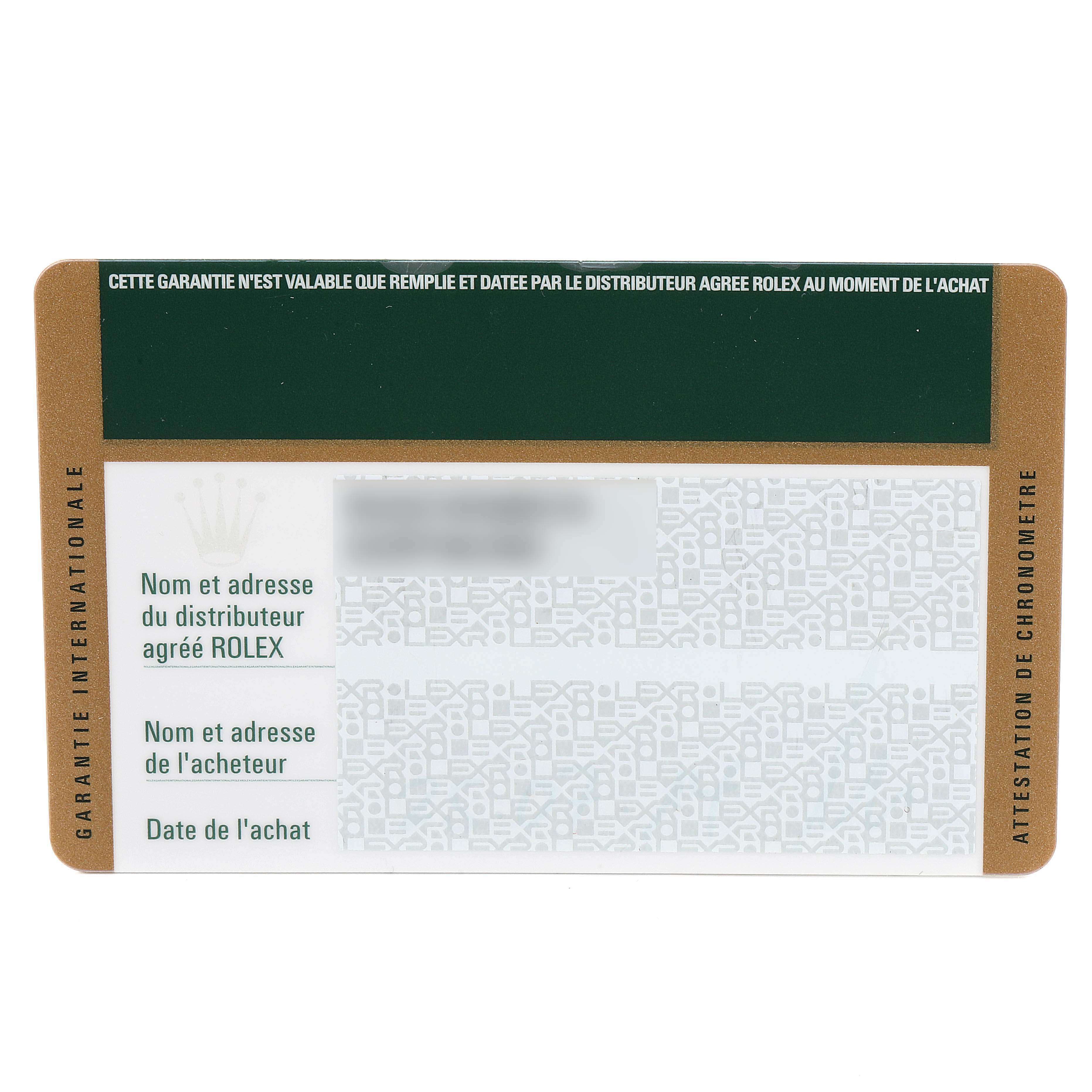 The image shows a guarantee card for a Rolex Submariner 116610LN Men
s Stainless Steel Black Dial 116610LN Men
s Stainless Steel Black Dial model, detailing distributor and purchaser information.