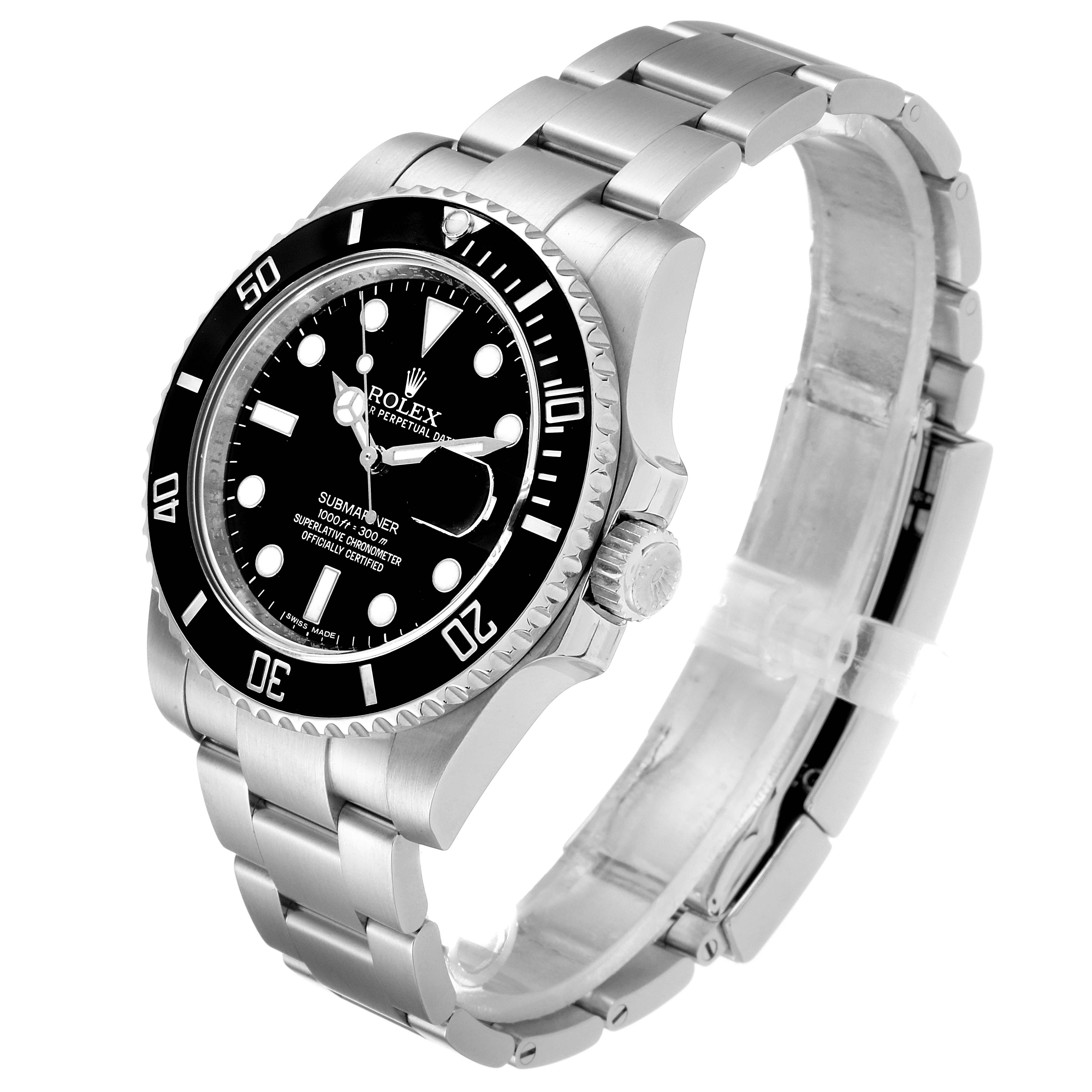 The Rolex Submariner 116610LN Men
s Stainless Steel Black Dial 116610LN Men
s Stainless Steel Black Dial watch is shown at a front-left angle, highlighting its face, bezel, crown, and metal bracelet.