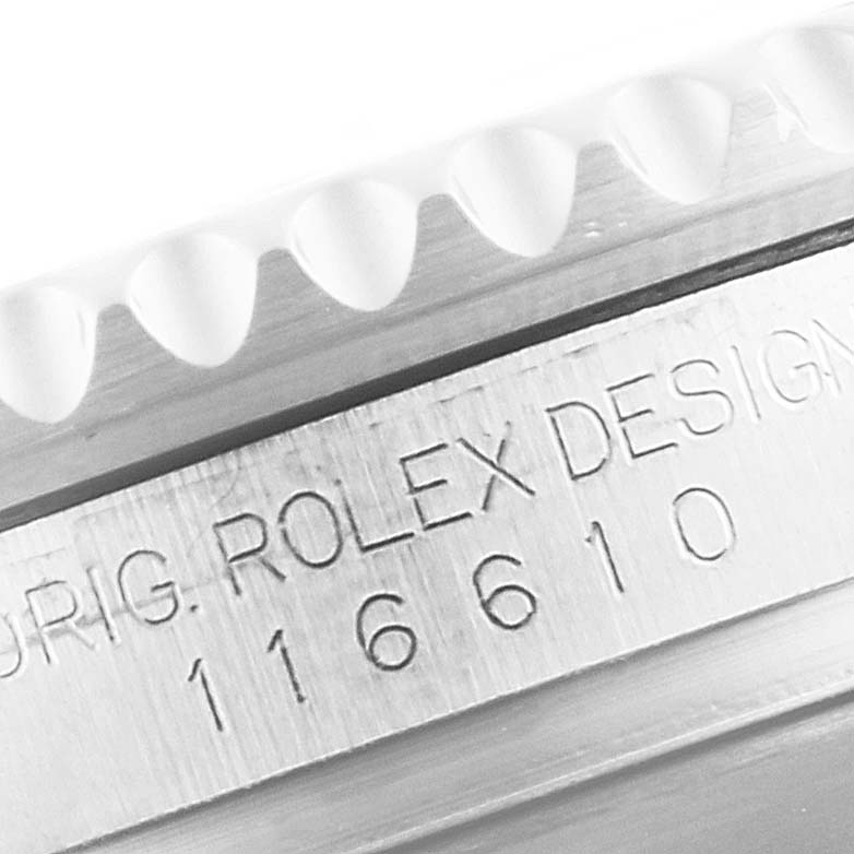 The image shows a close-up of the side engraving on a Rolex Submariner 116610LN Men
s Stainless Steel Black Dial 116610LN Men
s Stainless Steel Black Dial watch, displaying the model number 116610.