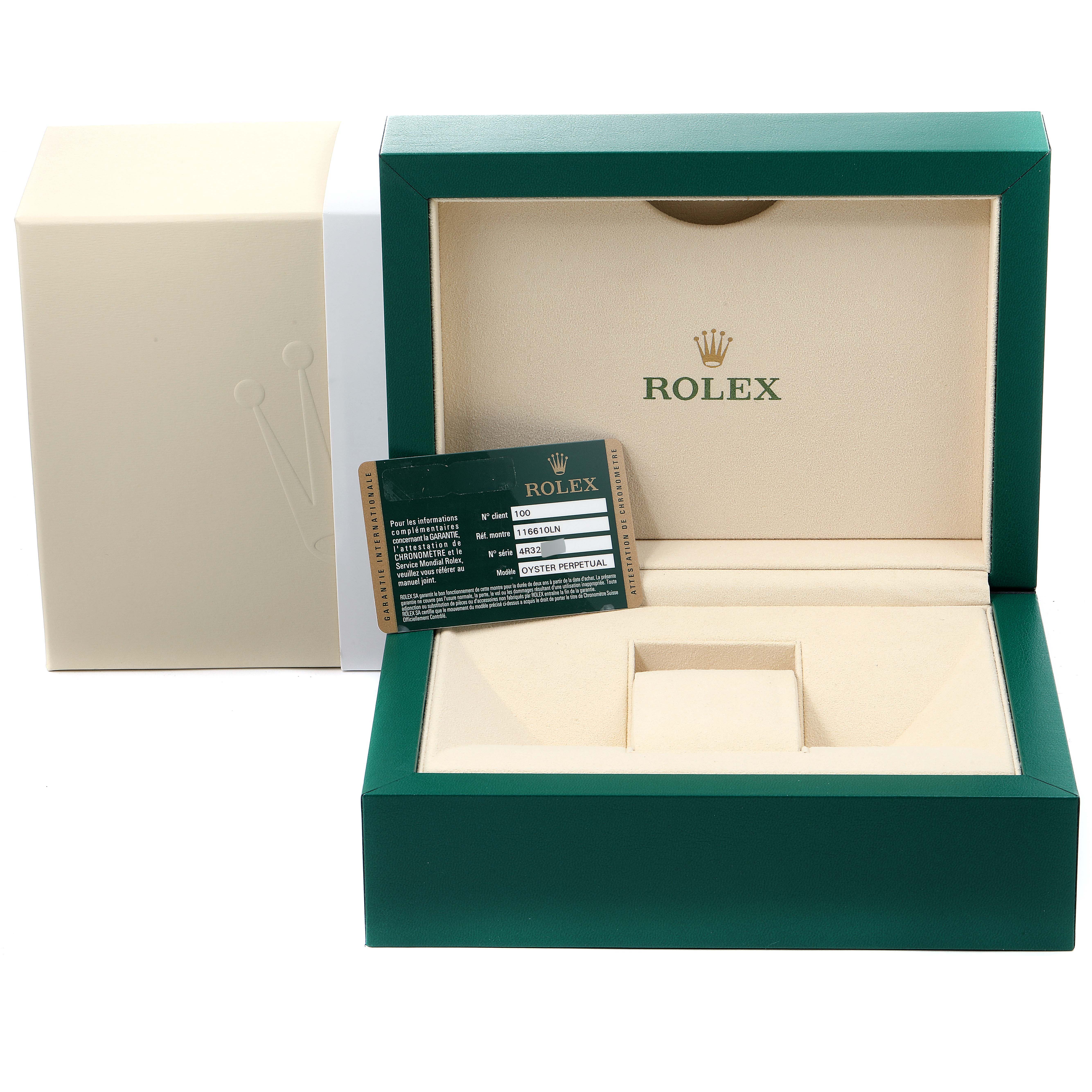 The image shows an open Rolex Submariner 116610LN Men
s Stainless Steel Black Dial 116610LN Men
s Stainless Steel Black Dial watch box with a warranty card and an outer box.
