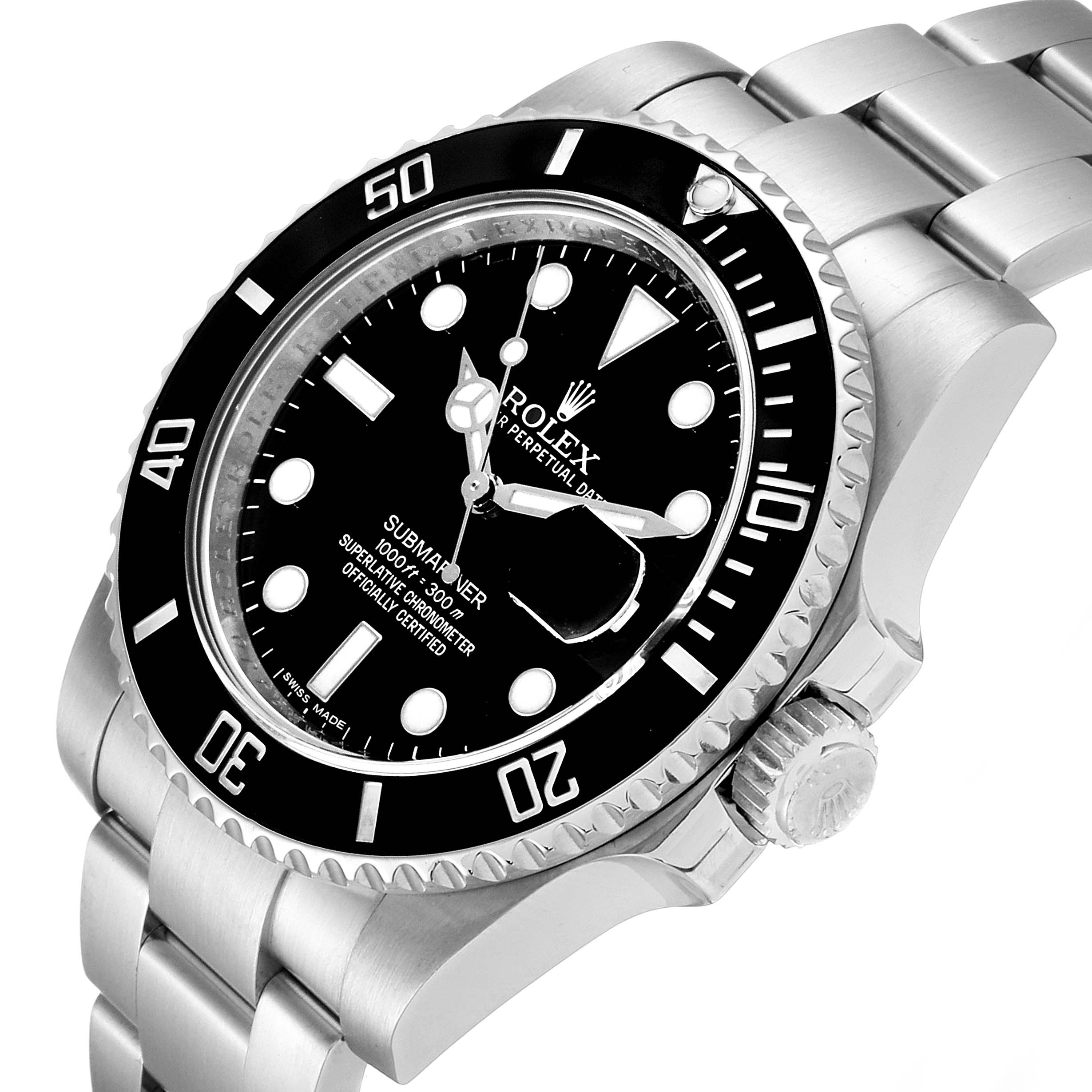 This image shows a Rolex Submariner 116610LN Men
s Stainless Steel Black Dial 116610LN Men
s Stainless Steel Black Dial watch at an angled side view, highlighting its bezel, dial, and bracelet.