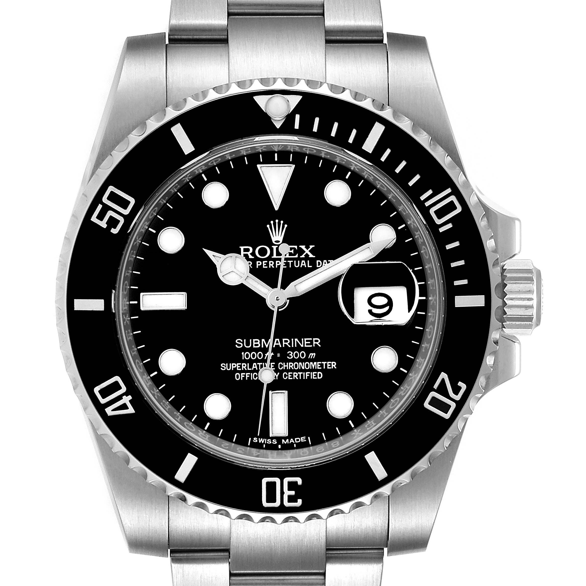 This image shows a front view of a Rolex Submariner 116610LN Men
s Stainless Steel Black Dial 116610LN Men
s Stainless Steel Black Dial watch, highlighting the dial, bezel, and part of the bracelet.