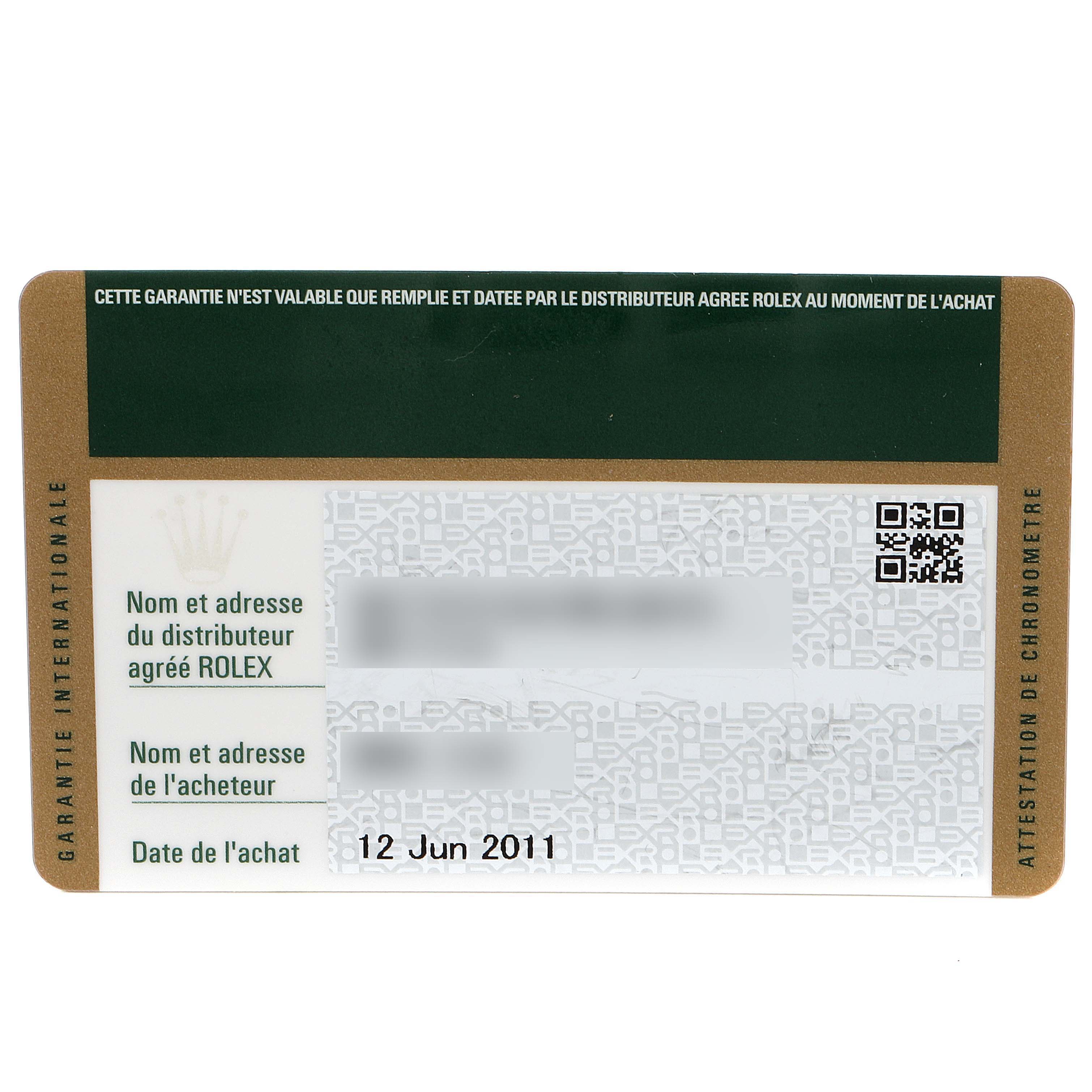 This image shows the guarantee card for a Rolex Submariner 116610LN Men
s Stainless Steel Black Dial 116610LN Men
s Stainless Steel Black Dial watch, detailing purchase date and authorized dealer information.