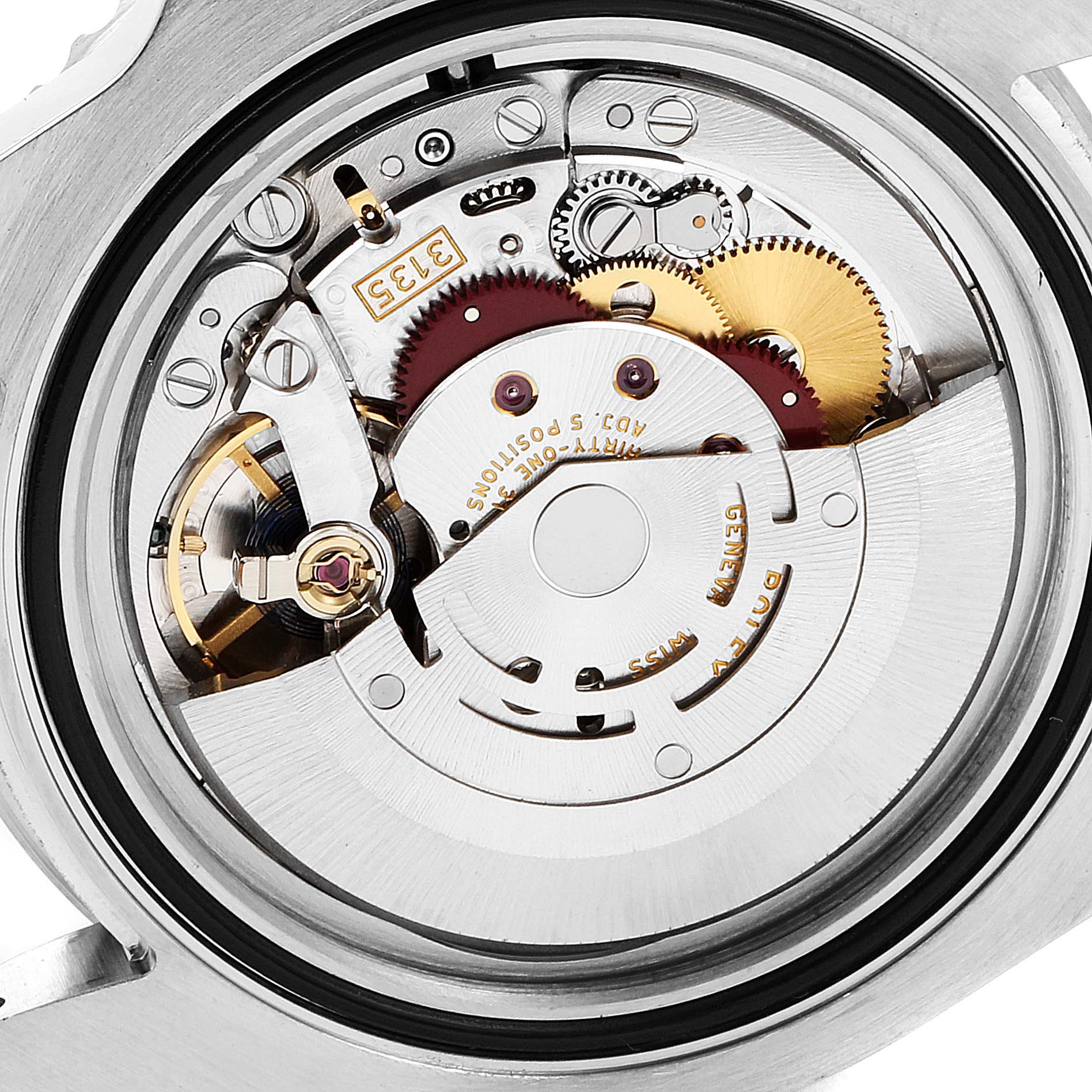 The image shows the intricate internal movement mechanism of a Rolex Submariner 116610LN Men
s Stainless Steel Black Dial 116610LN Men
s Stainless Steel Black Dial watch.