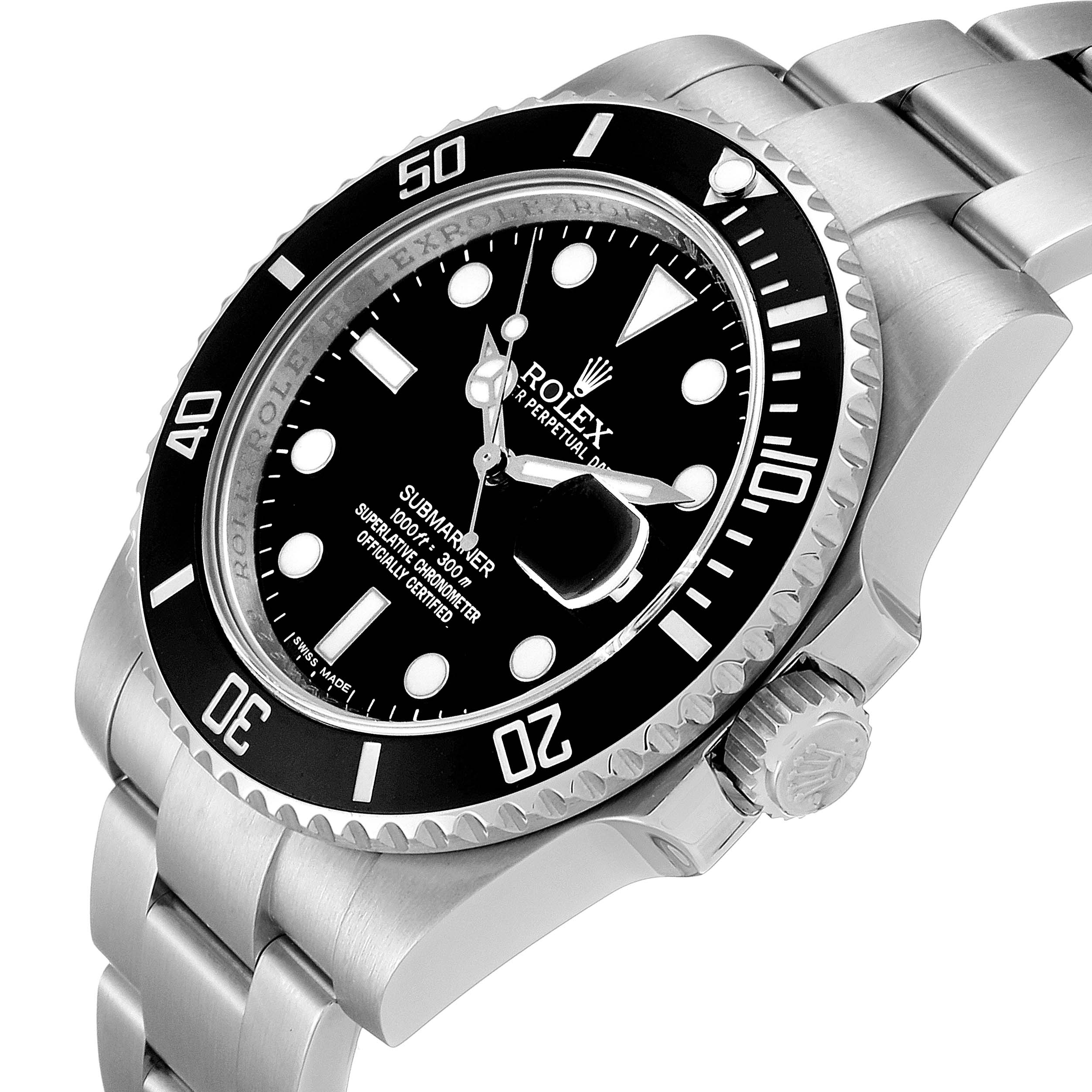 This image shows a Rolex Submariner 116610LN Men
s Stainless Steel Black Dial 116610LN Men
s Stainless Steel Black Dial watch from a slightly angled side view, highlighting the face, bezel, and part of the bracelet.