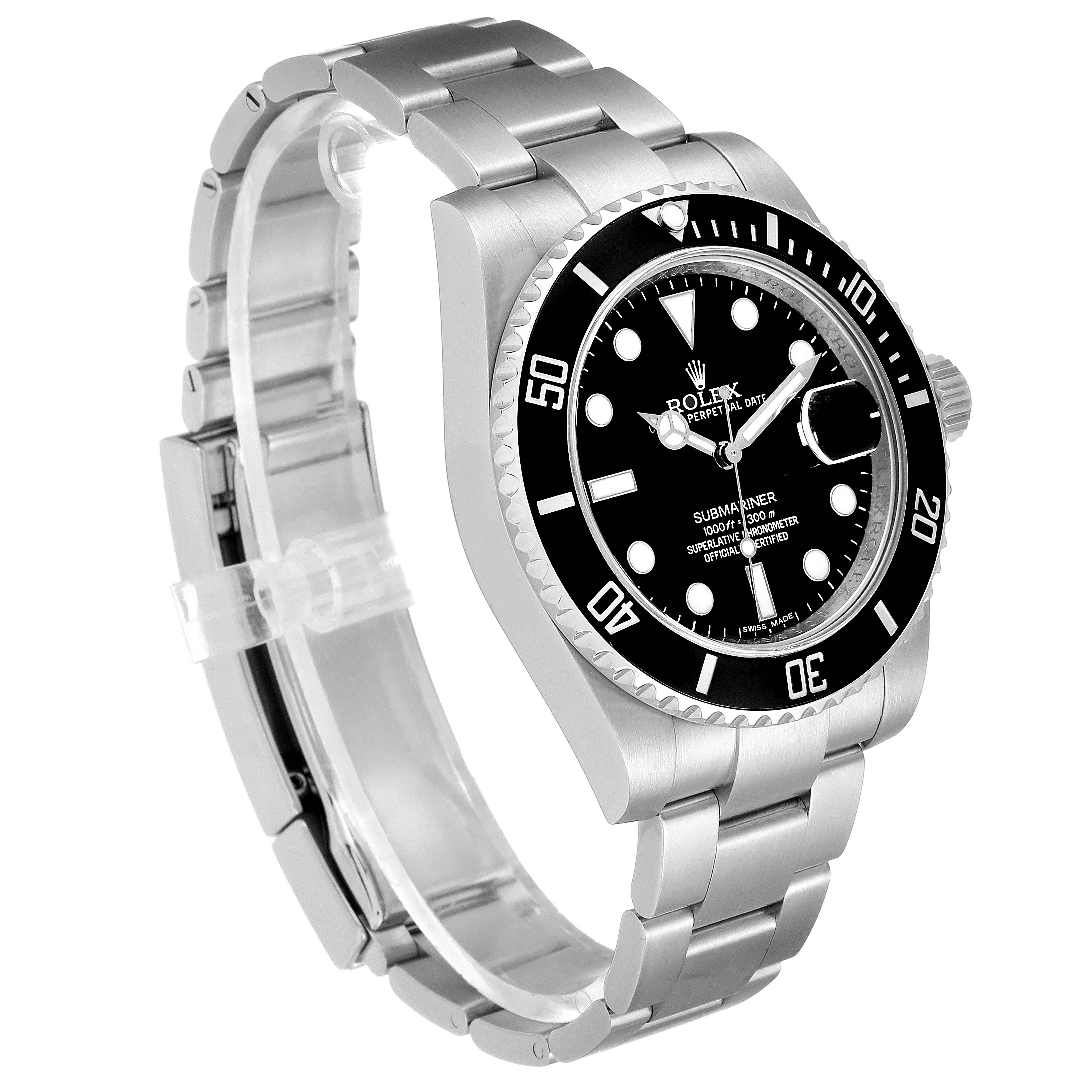 The image shows a Rolex Submariner 116610LN Men
s Stainless Steel Black Dial 116610LN Men
s Stainless Steel Black Dial watch angled from the top left, displaying the full bracelet, bezel, and dial.