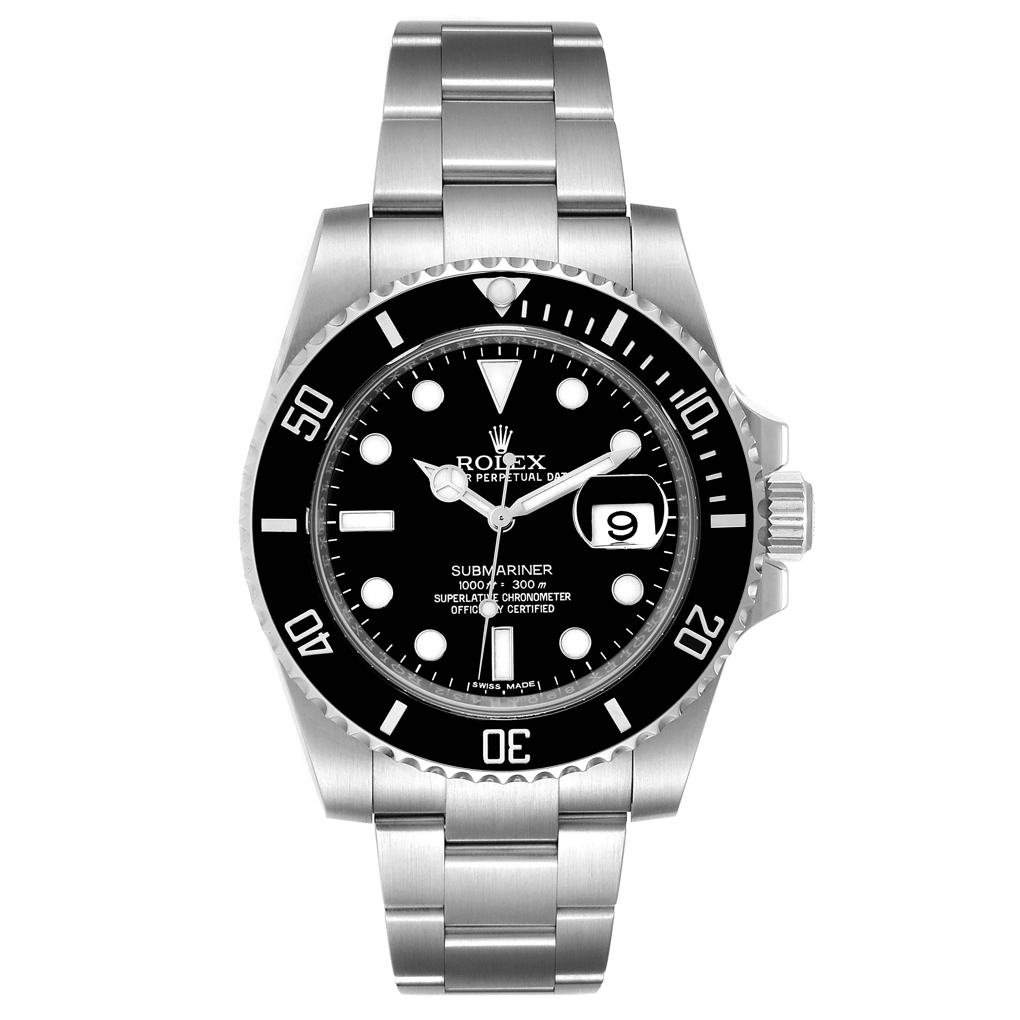 The Rolex Submariner 116610LN Men
s Stainless Steel Black Dial 116610LN Men
s Stainless Steel Black Dial watch is shown from a front angle, displaying its face, bezel, crown, and bracelet.