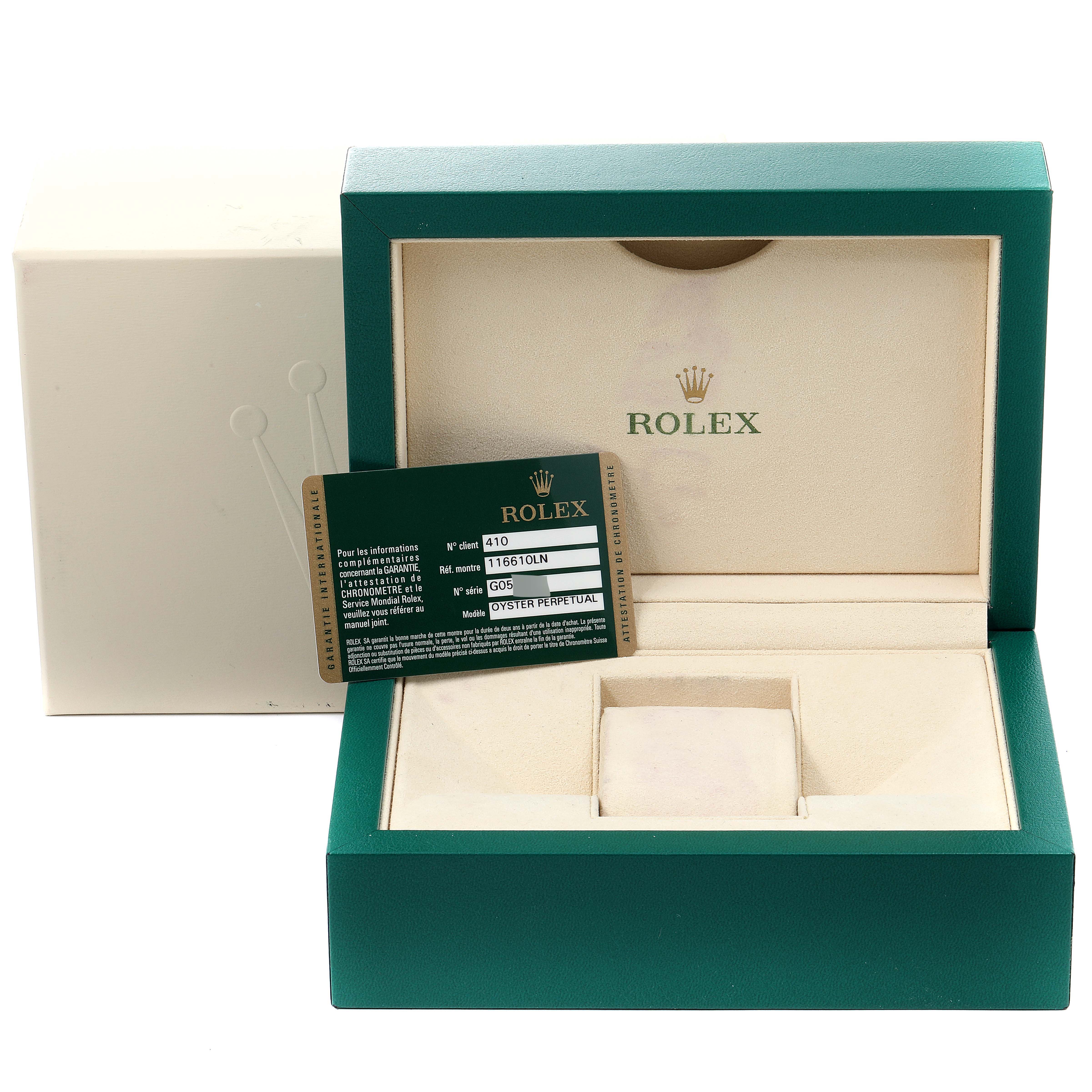 The image shows the open box and Best Quality
ity card for a Rolex Submariner 116610LN Men
s Stainless Steel Black Dial 116610LN Men
s Stainless Steel Black Dial watch.
