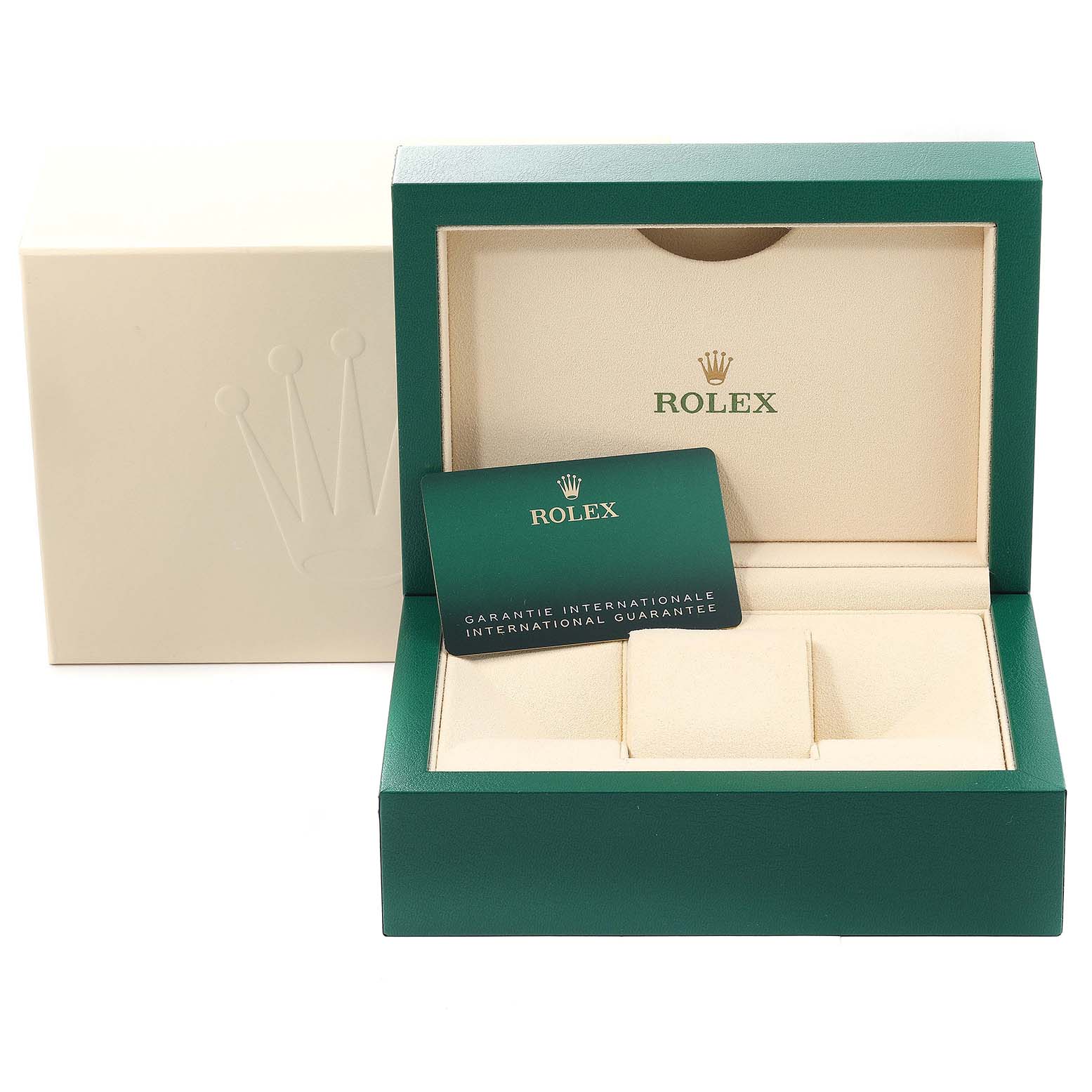 This image shows the packaging box and international guarantee card for a Rolex Submariner 124060 Men's Stainless Steel Black Dial 124060 Men's Stainless Steel Black Dial watch.