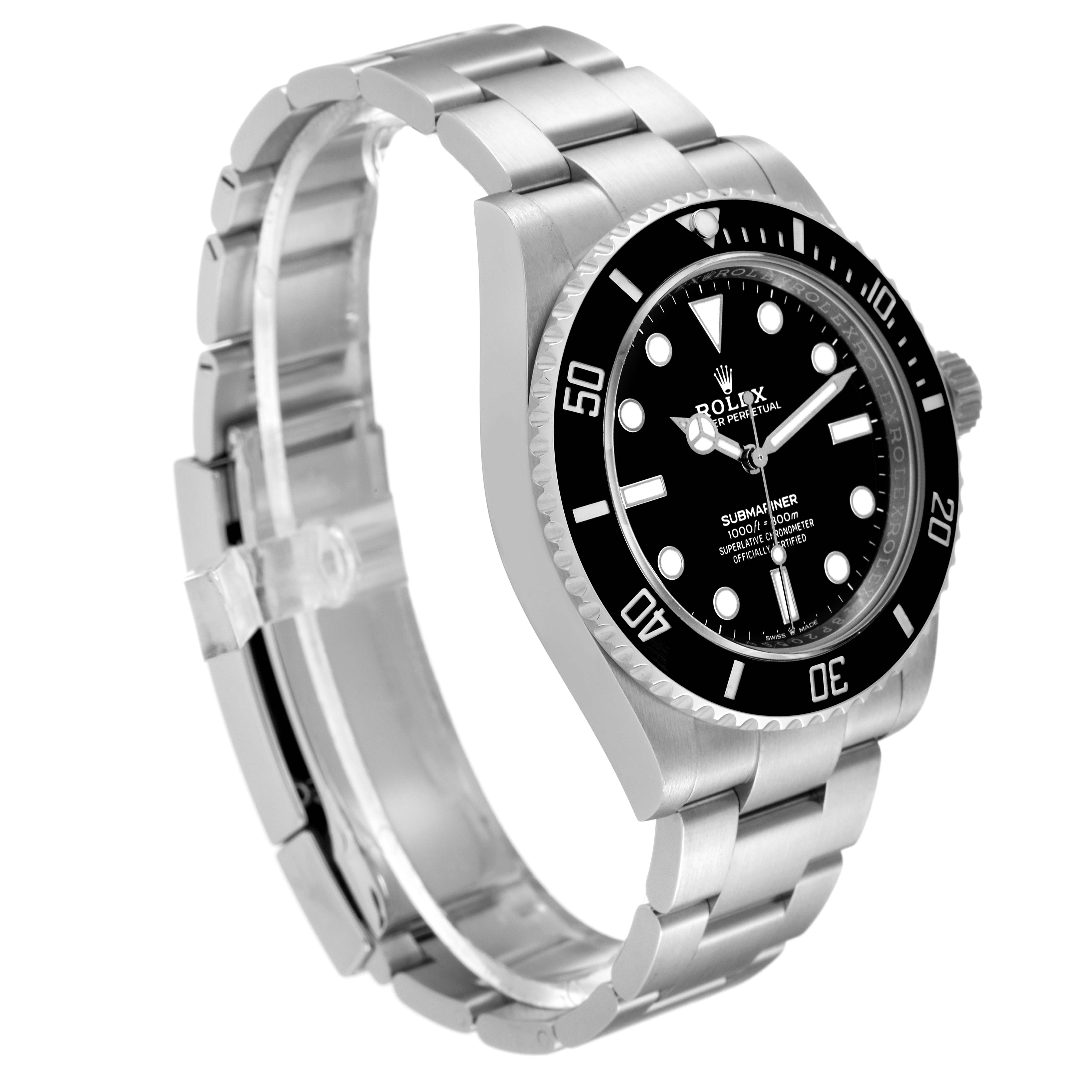 The image shows a side and front angle of a Rolex Submariner 124060 Men's Stainless Steel Black Dial 124060 Men's Stainless Steel Black Dial watch, highlighting its face, bezel, and bracelet.