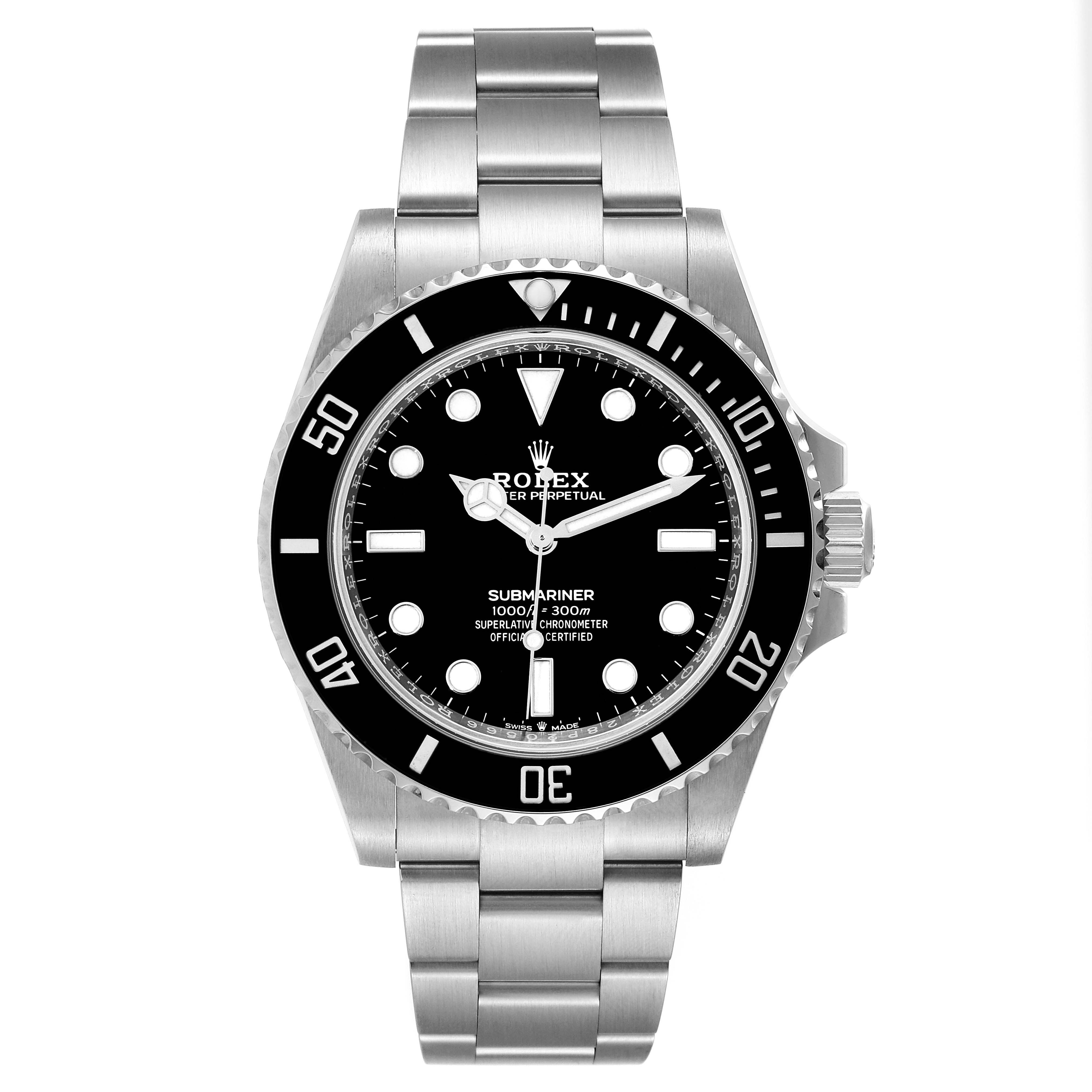This is a frontal view of the Rolex Submariner 124060 Men's Stainless Steel Black Dial 124060 Men's Stainless Steel Black Dial watch, showcasing its face, bezel, and metal bracelet.