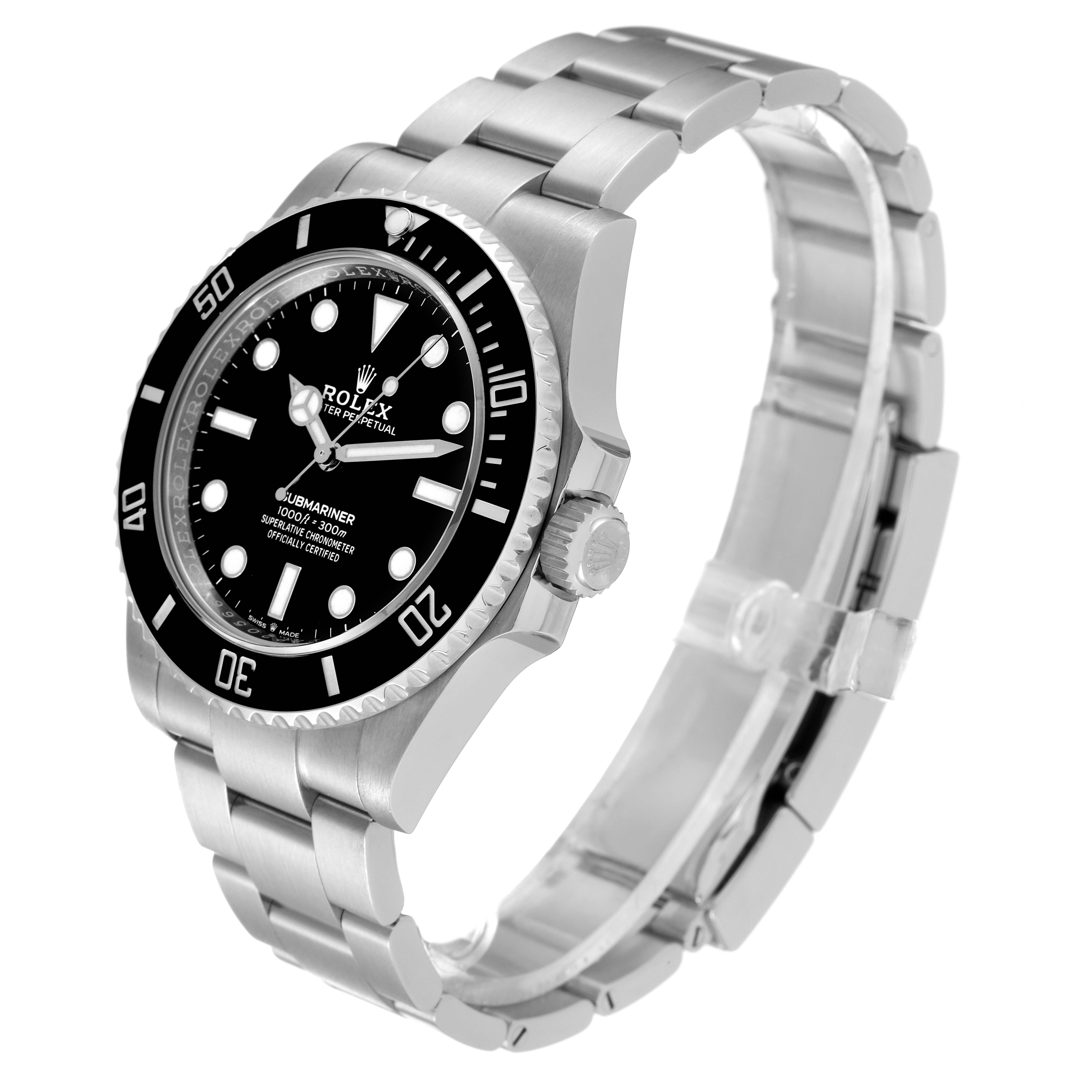 The Rolex Submariner 124060 Men's Stainless Steel Black Dial 124060 Men's Stainless Steel Black Dial watch is shown from a front-side angle, highlighting its face, case, and bracelet.