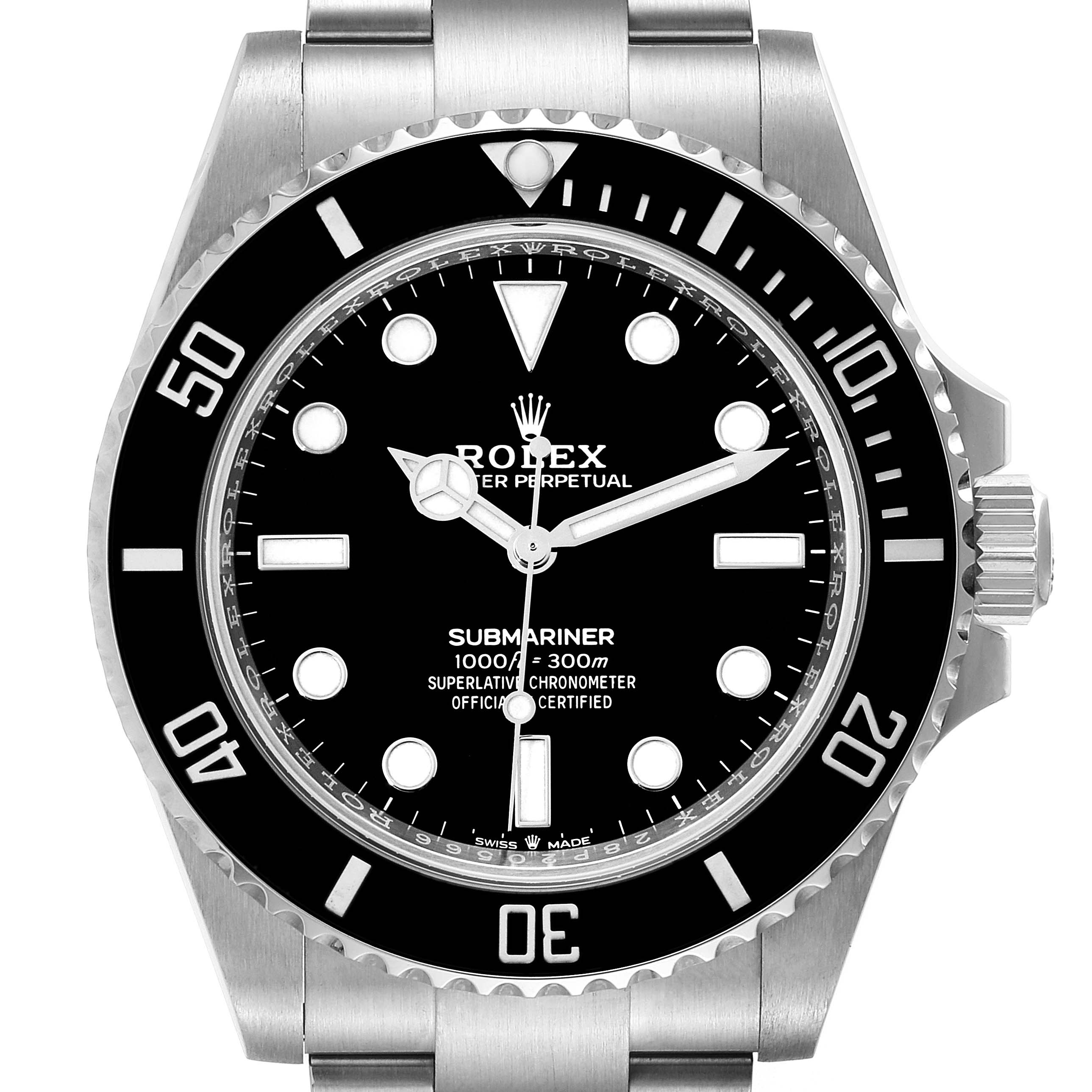 This is a front-facing view of a Rolex Submariner 124060 Men's Stainless Steel Black Dial 124060 Men's Stainless Steel Black Dial watch, showing its dial, bezel, hands, and part of the bracelet.