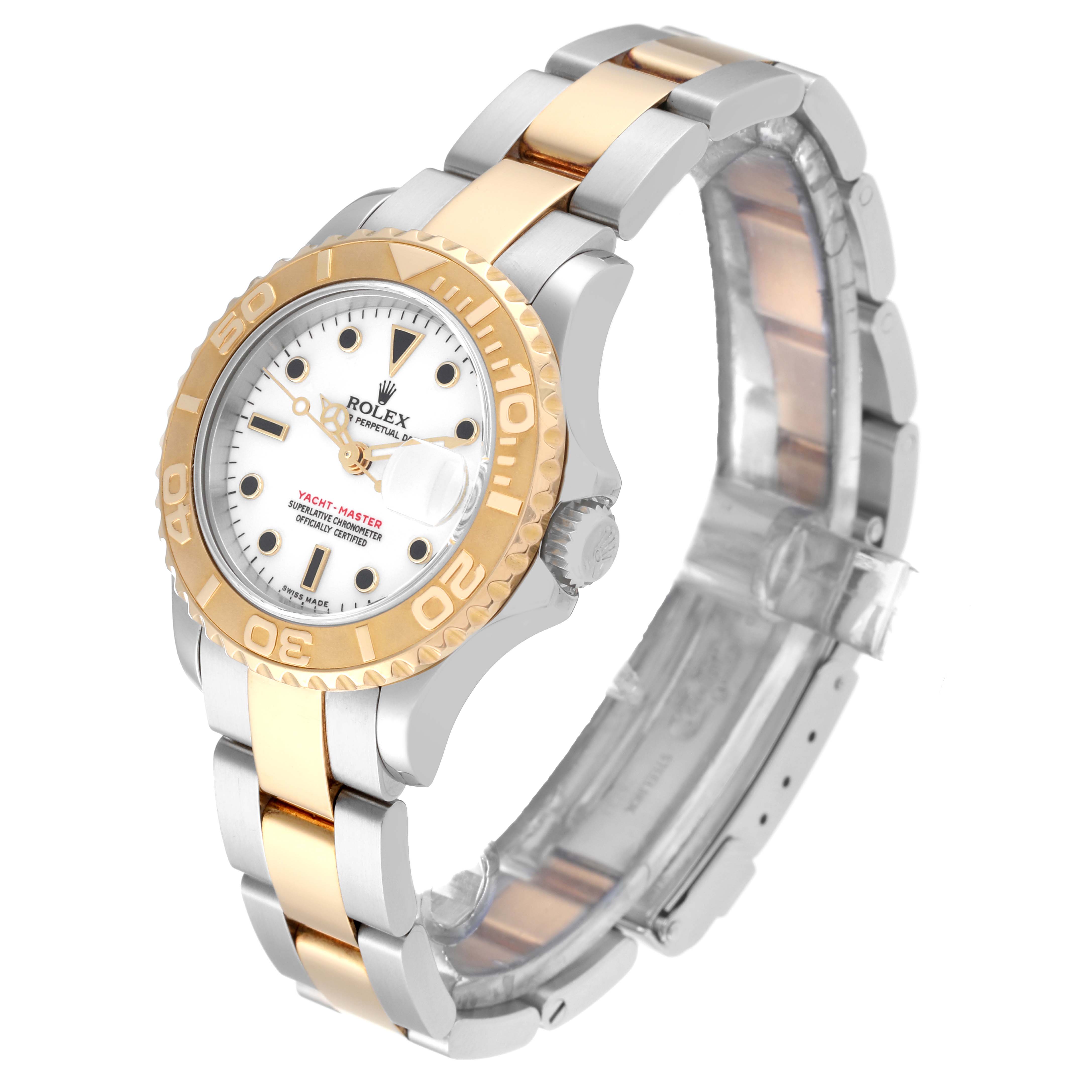 The image shows a Yacht-Master watch by Rolex at a three-quarter angle, highlighting its dial, crown, and bracelet.