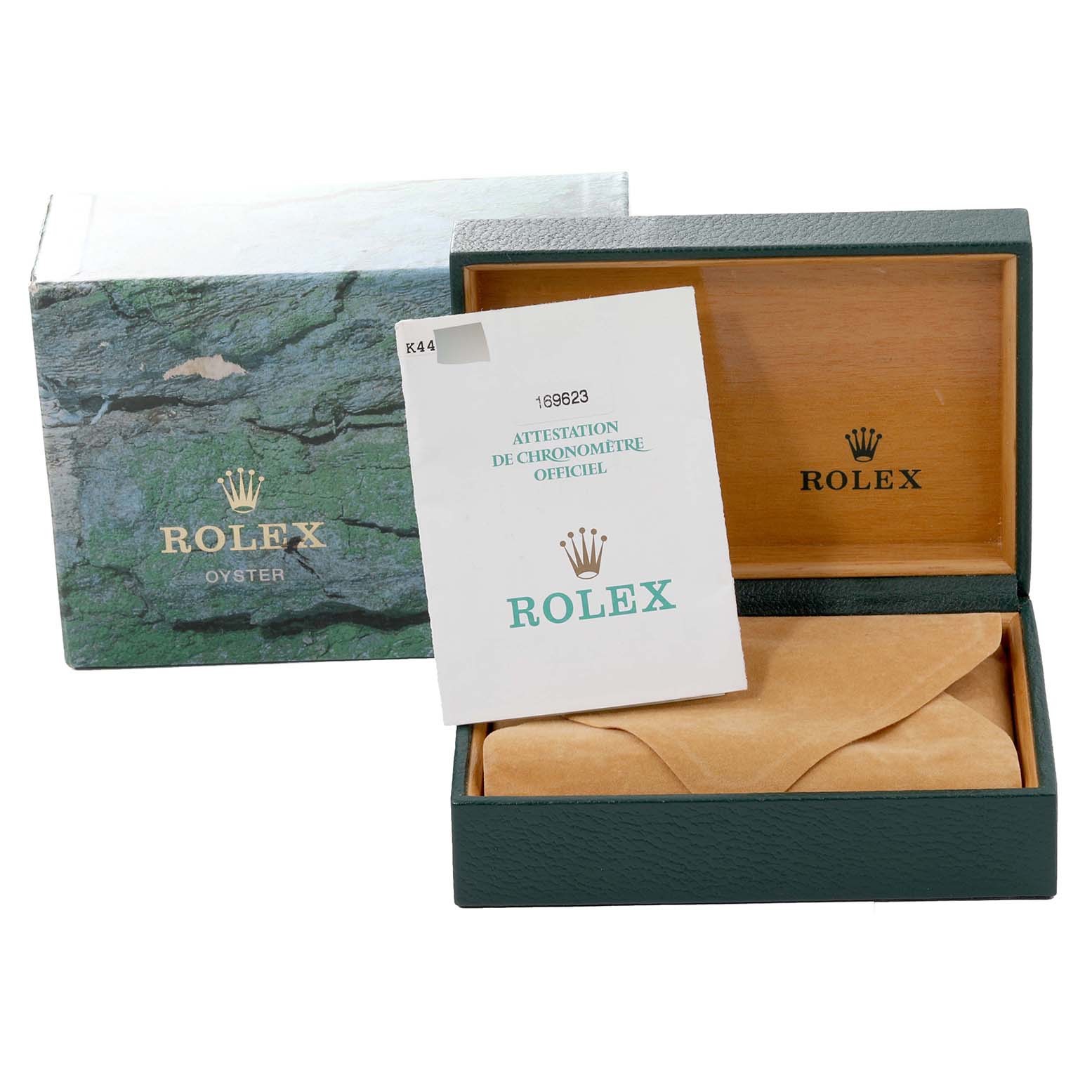 This image shows a Rolex Yacht-Master 169623 Women's Steel and Gold (two tone) White Dial 169623 Women's Steel and Gold (two tone) White Dial watch box, warranty card, and outer packaging from a slightly elevated front angle.