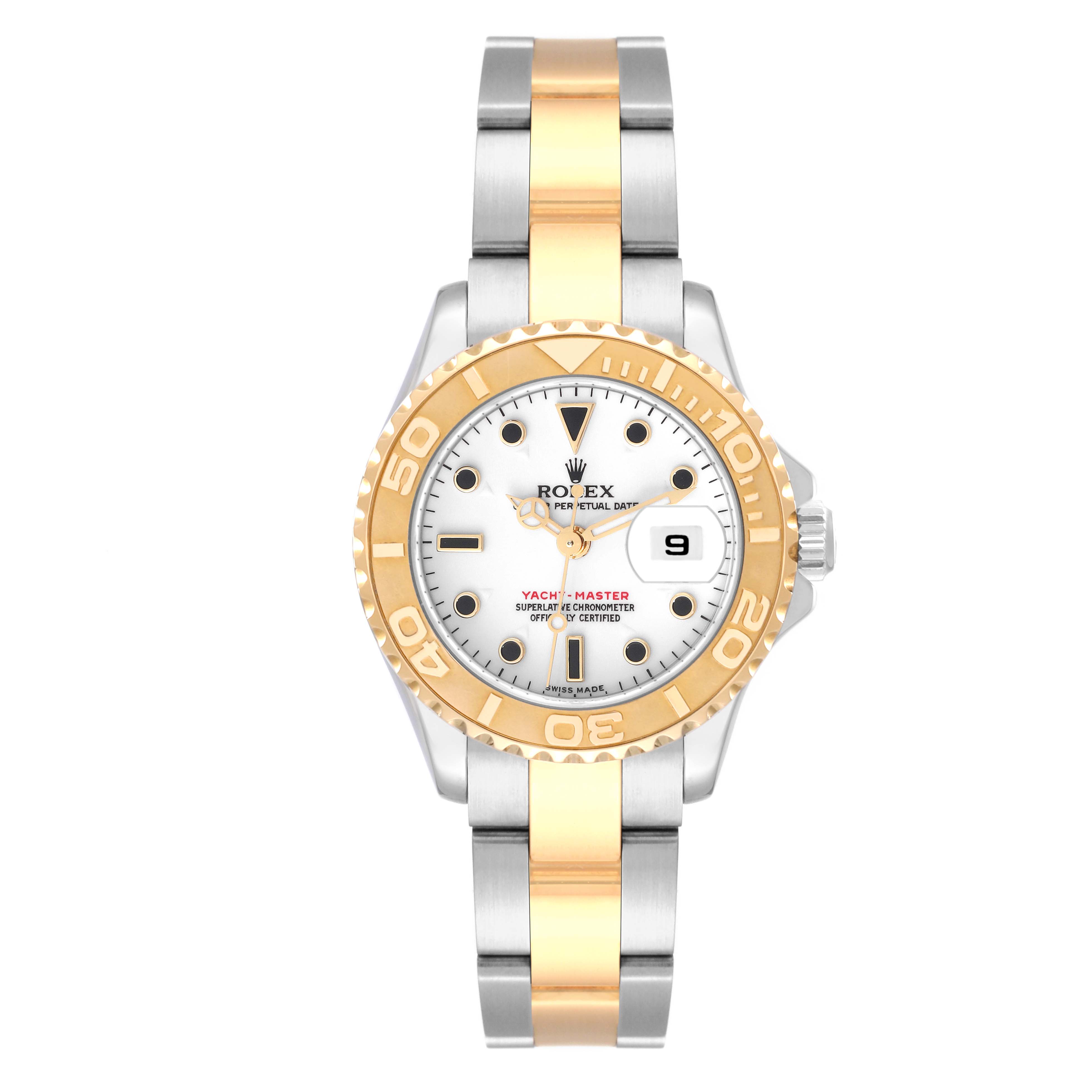 This image shows a front view of the Rolex Yacht-Master 169623 Women's Steel and Gold (two tone) White Dial 169623 Women's Steel and Gold (two tone) White Dial watch, highlighting the bracelet, bezel, and dial.
