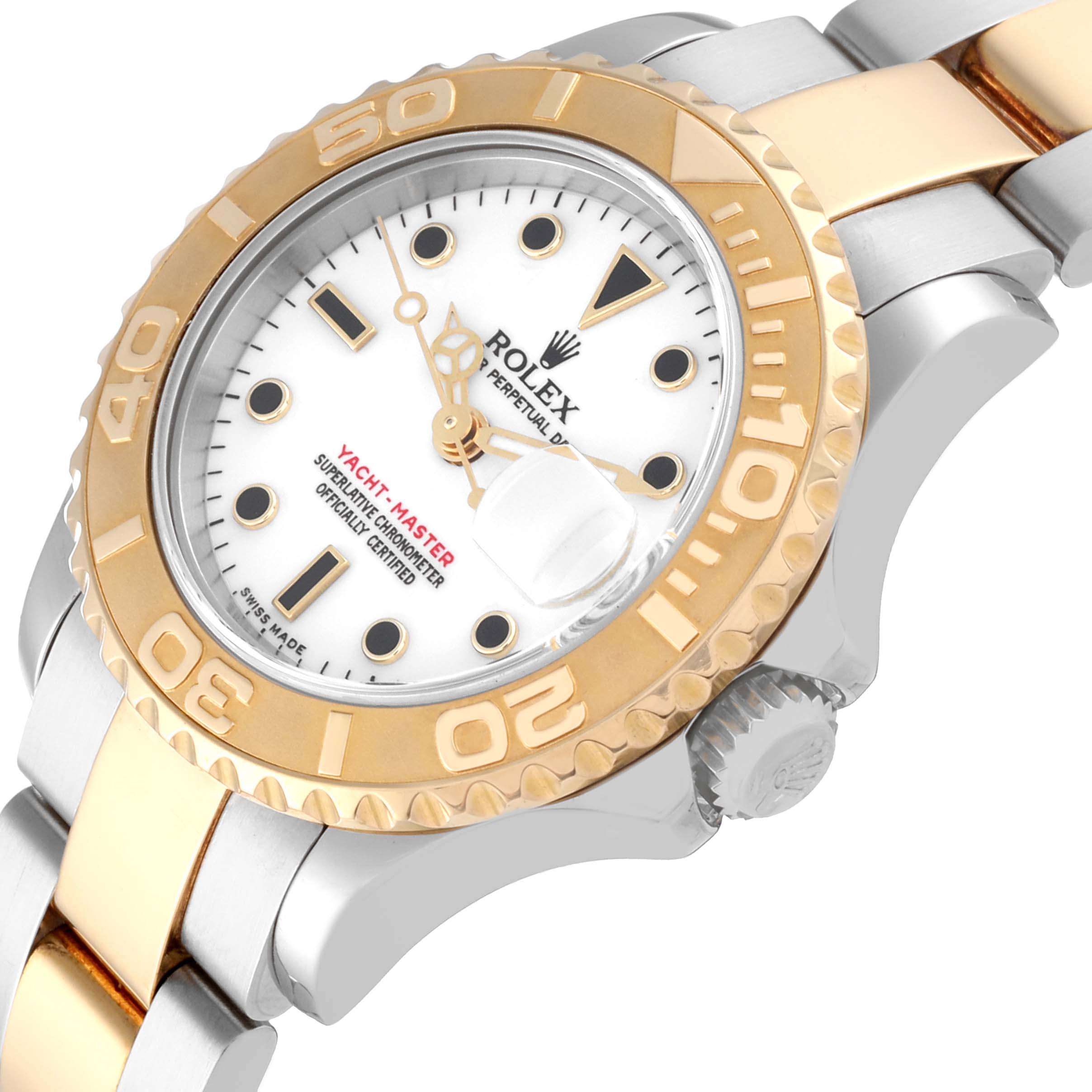 The image shows a close-up angle of the Rolex Yacht-Master 169623 Women's Steel and Gold (two tone) White Dial 169623 Women's Steel and Gold (two tone) White Dial watch, highlighting the bezel, dial, and part of the bracelet.