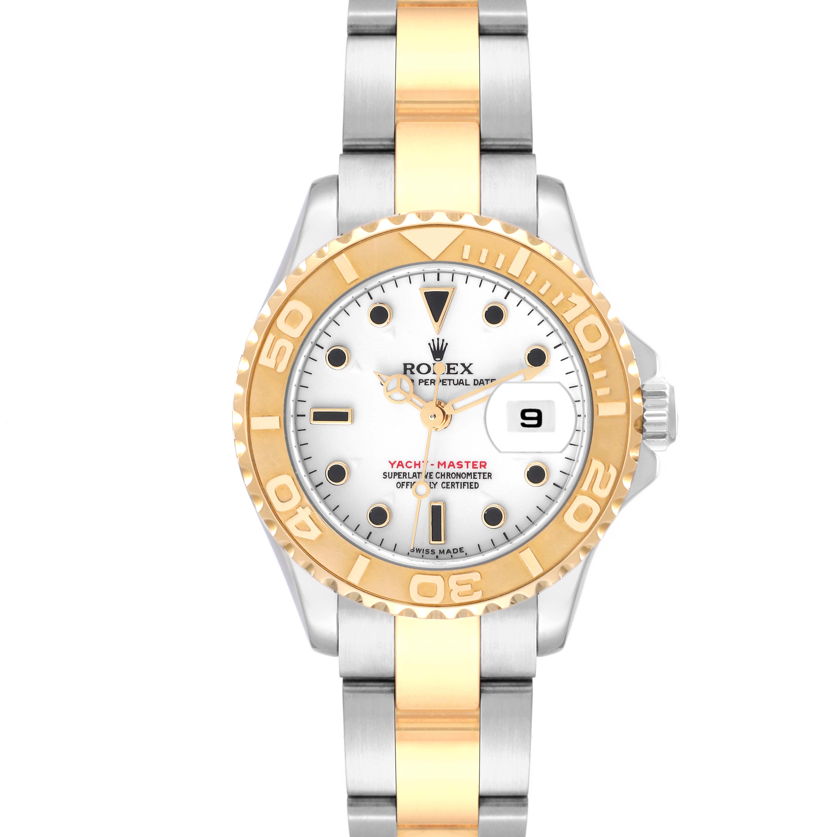 The image shows a front view of a Rolex Yacht-Master 169623 Women's Steel and Gold (two tone) White Dial 169623 Women's Steel and Gold (two tone) White Dial watch with a two-tone gold and silver bracelet and a white dial.