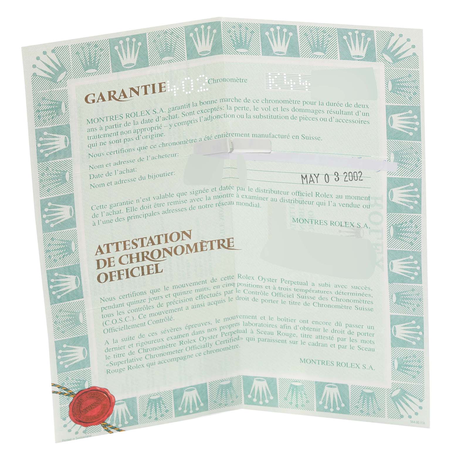 The image shows the official Rolex warranty certificate, folded open, for the Yacht-Master model.