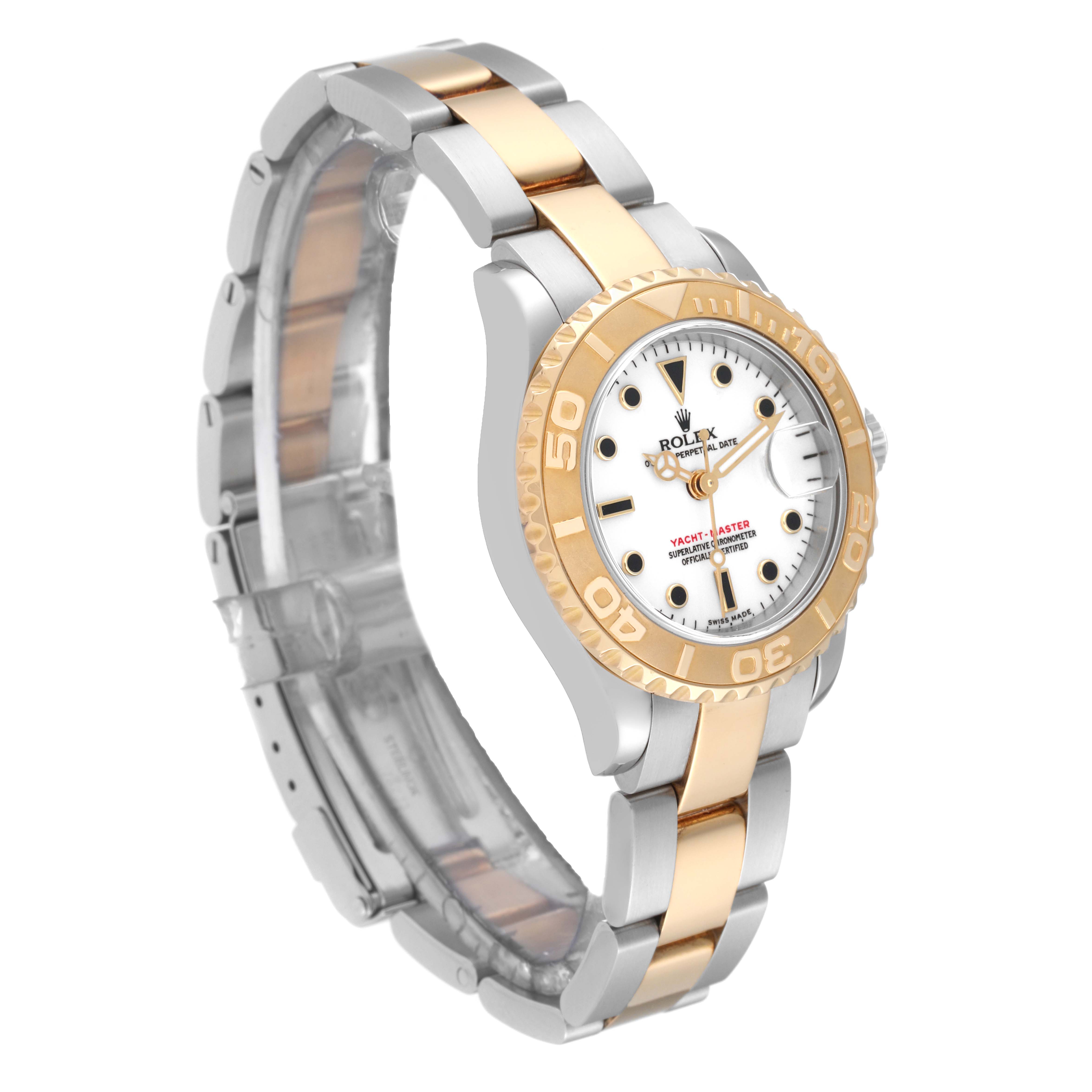The Rolex Yacht-Master 169623 Women's Steel and Gold (two tone) White Dial 169623 Women's Steel and Gold (two tone) White Dial watch is shown at a slight angle, featuring its two-tone bracelet, bezel, and white dial.