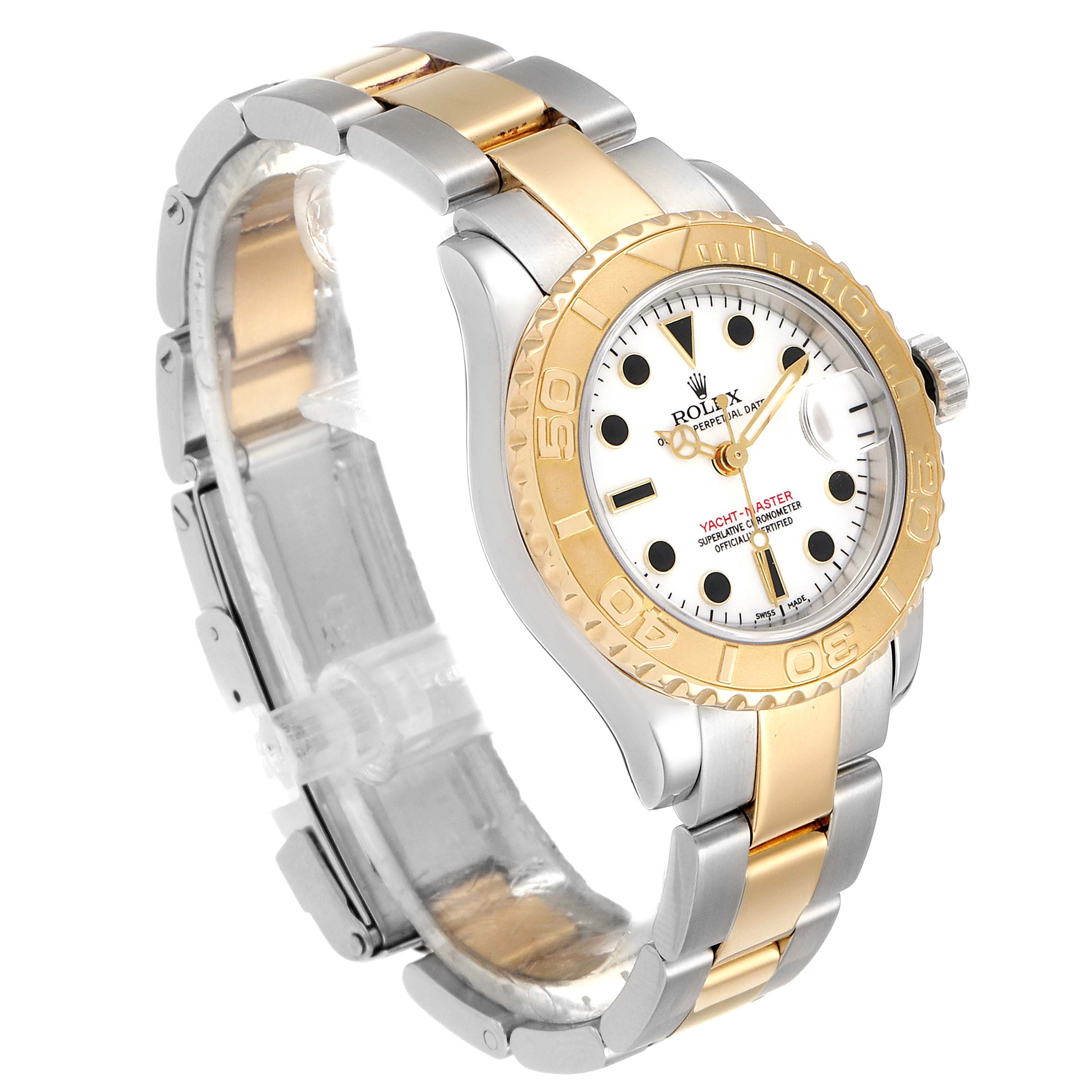 The image shows a angled view of a Rolex Yacht-Master 169623 Women's Steel and Gold (two tone) White Dial 169623 Women's Steel and Gold (two tone) White Dial watch including its case, bezel, bracelet, and dial.