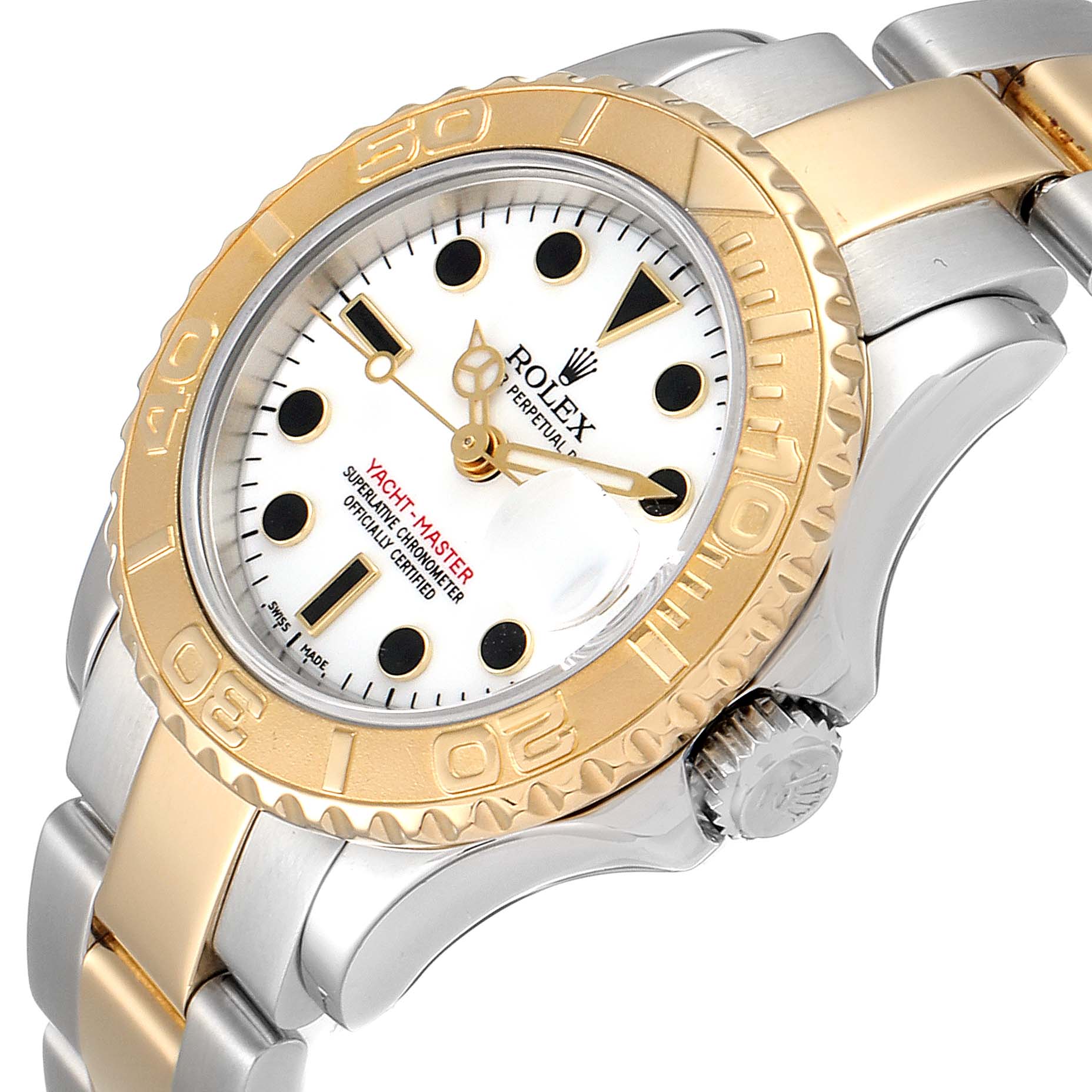 The Rolex Yacht-Master 169623 Women's Steel and Gold (two tone) White Dial 169623 Women's Steel and Gold (two tone) White Dial watch is shown at a slight angle displaying the white dial, gold bezel, crown, and part of the bracelet.