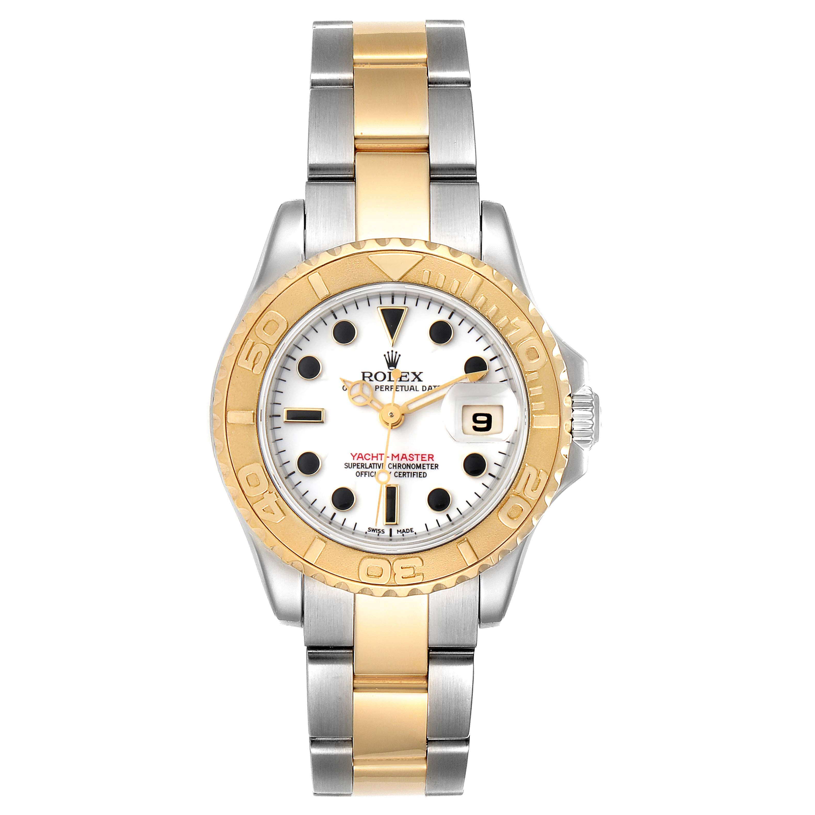The Rolex Yacht-Master 169623 Women's Steel and Gold (two tone) White Dial 169623 Women's Steel and Gold (two tone) White Dial watch is shown from a top-down angle, displaying the bezel, dial, and bracelet.