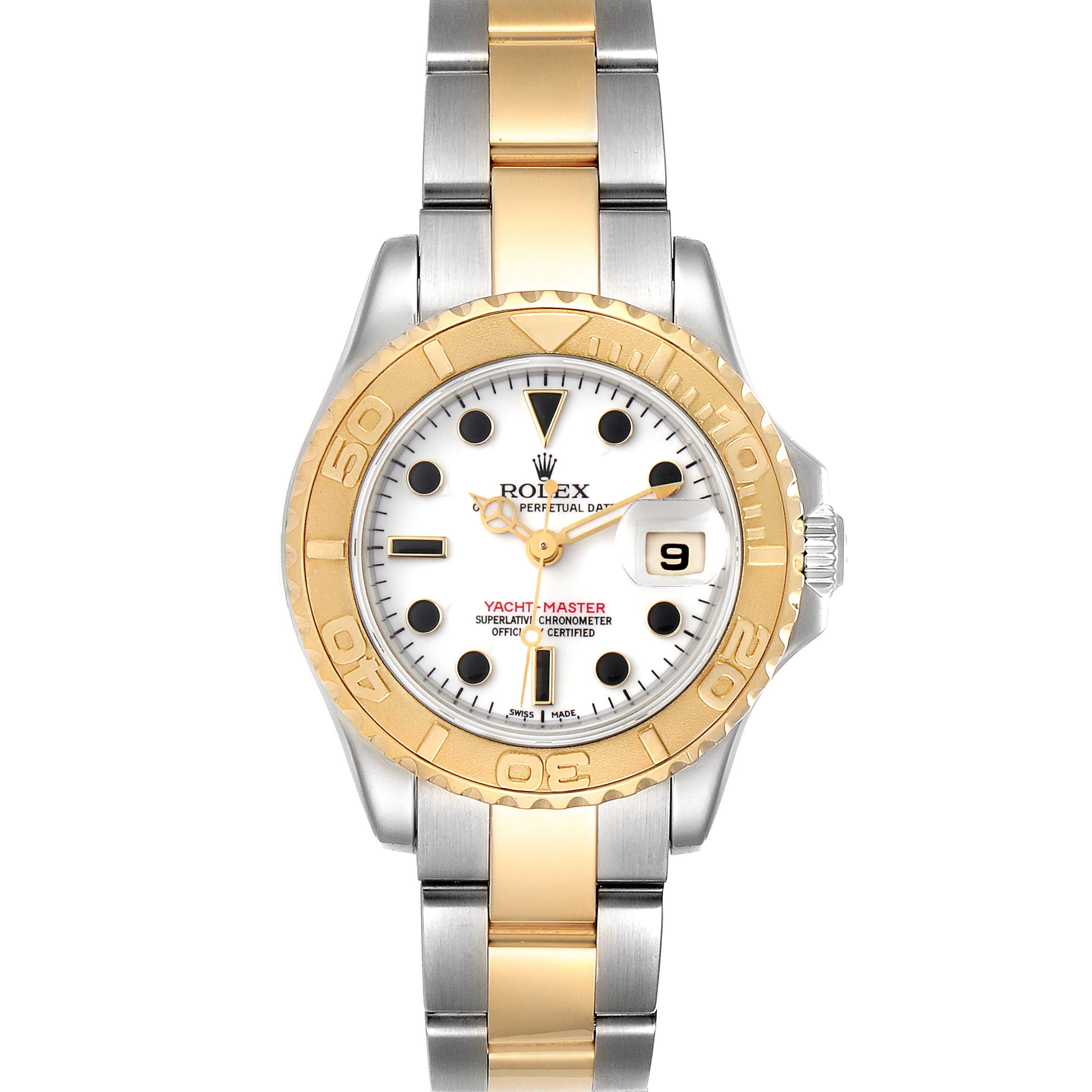 This image shows a front view of a Rolex Yacht-Master 169623 Women's Steel and Gold (two tone) White Dial 169623 Women's Steel and Gold (two tone) White Dial watch, displaying its dial, bezel, and two-tone bracelet.