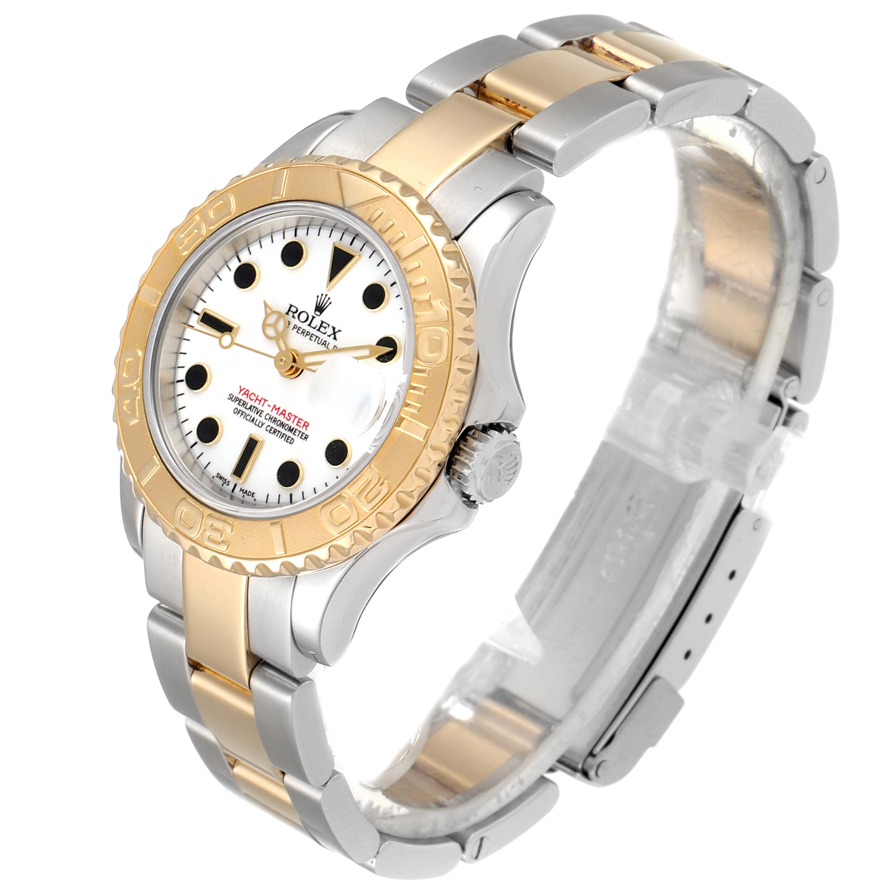 The image shows a Rolex Yacht-Master 169623 Women's Steel and Gold (two tone) White Dial 169623 Women's Steel and Gold (two tone) White Dial watch at an angle, highlighting the gold bezel, dial, and two-tone bracelet.