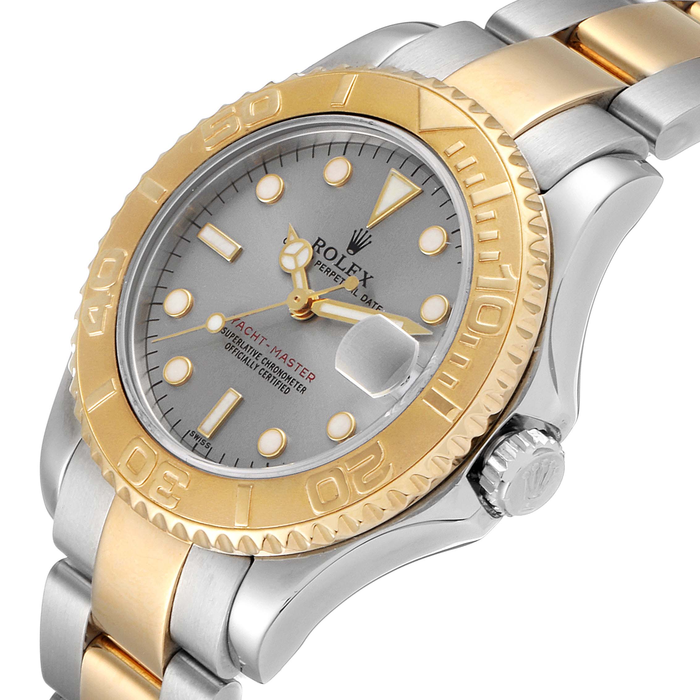 The image shows a close-up view of a Rolex Yacht-Master 68623 Men
s Steel and Gold (two tone) Grey Dial 68623 Men
s Steel and Gold (two tone) Grey Dial watch, detailing the face, bezel, and part of the bracelet.