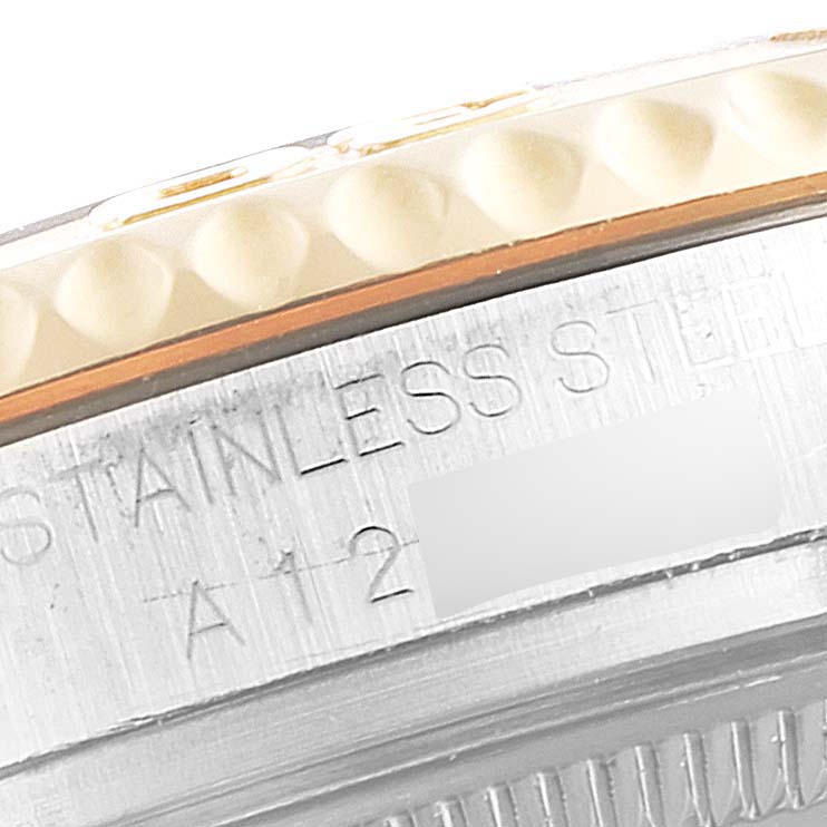 This image shows a close-up of the bezel and stainless steel case of a Rolex Yacht-Master 68623 Men
s Steel and Gold (two tone) Grey Dial 68623 Men
s Steel and Gold (two tone) Grey Dial watch.