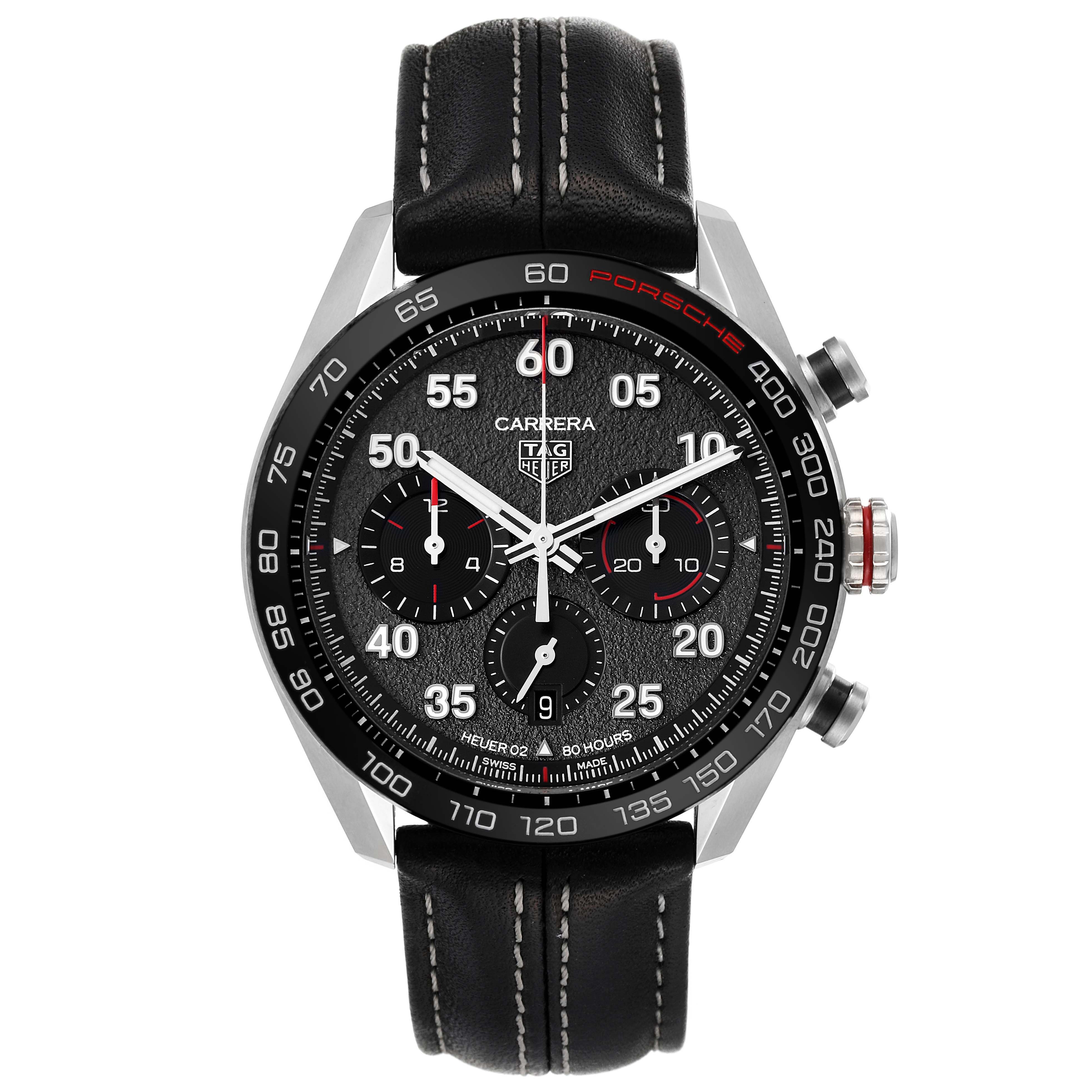 The image shows a front view of the Tag Heuer Carrera Limited Edition model with a black dial and leather strap.