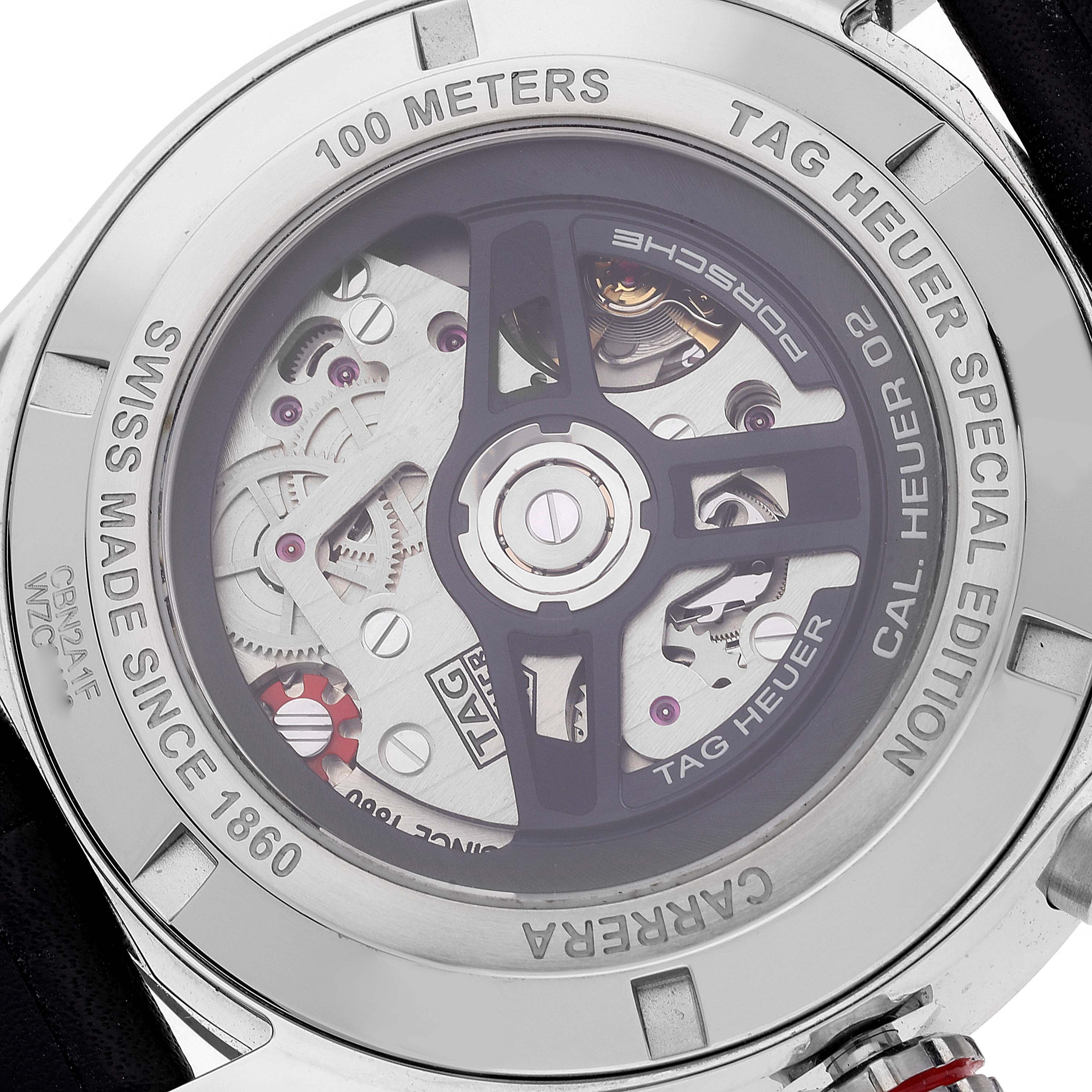 The image shows the back view of a Tag Heuer Carrera Limited Edition watch, highlighting the inner mechanical components.