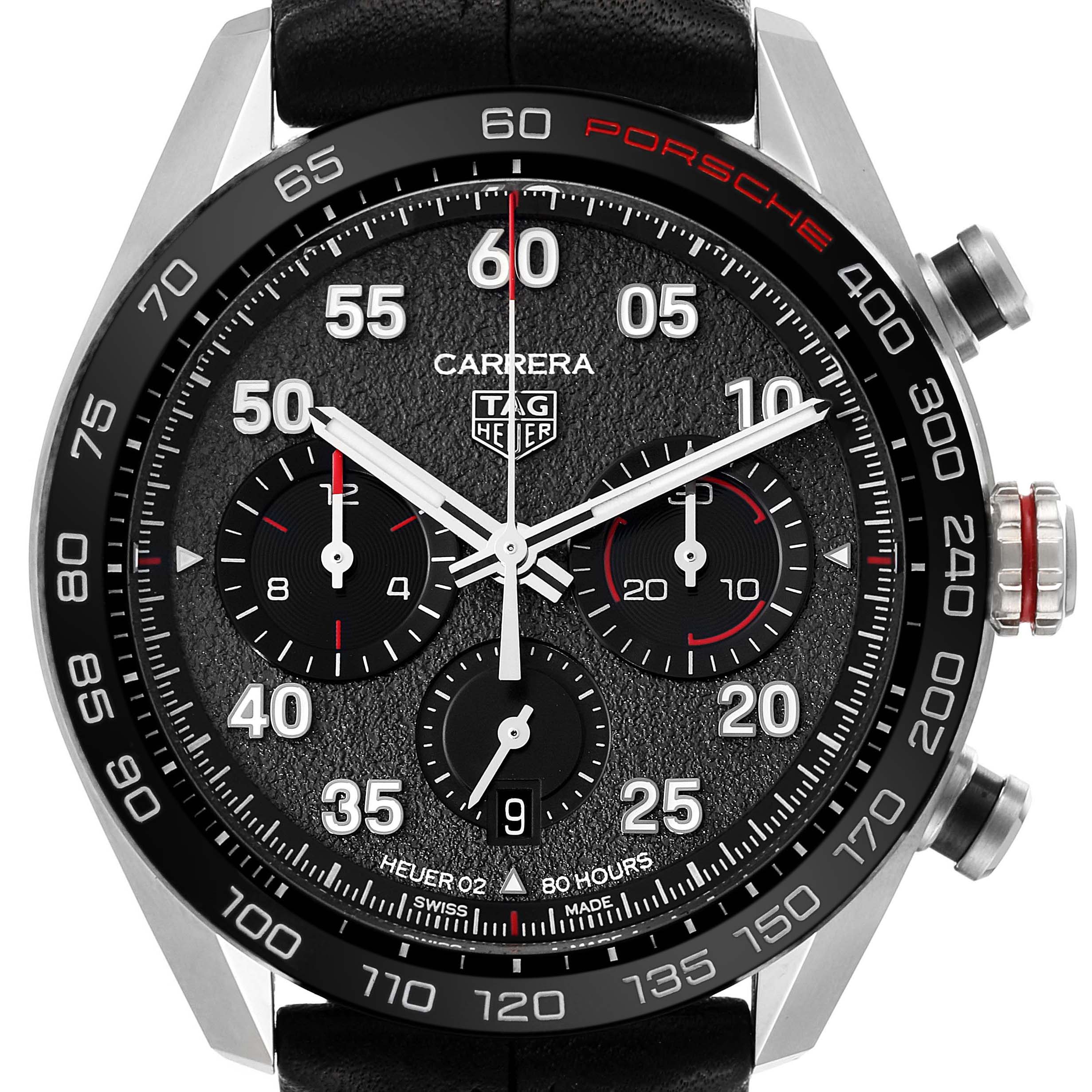 The image displays a frontal view of the Tag Heuer Carrera Limited Edition watch, emphasizing the dial and bezel.
