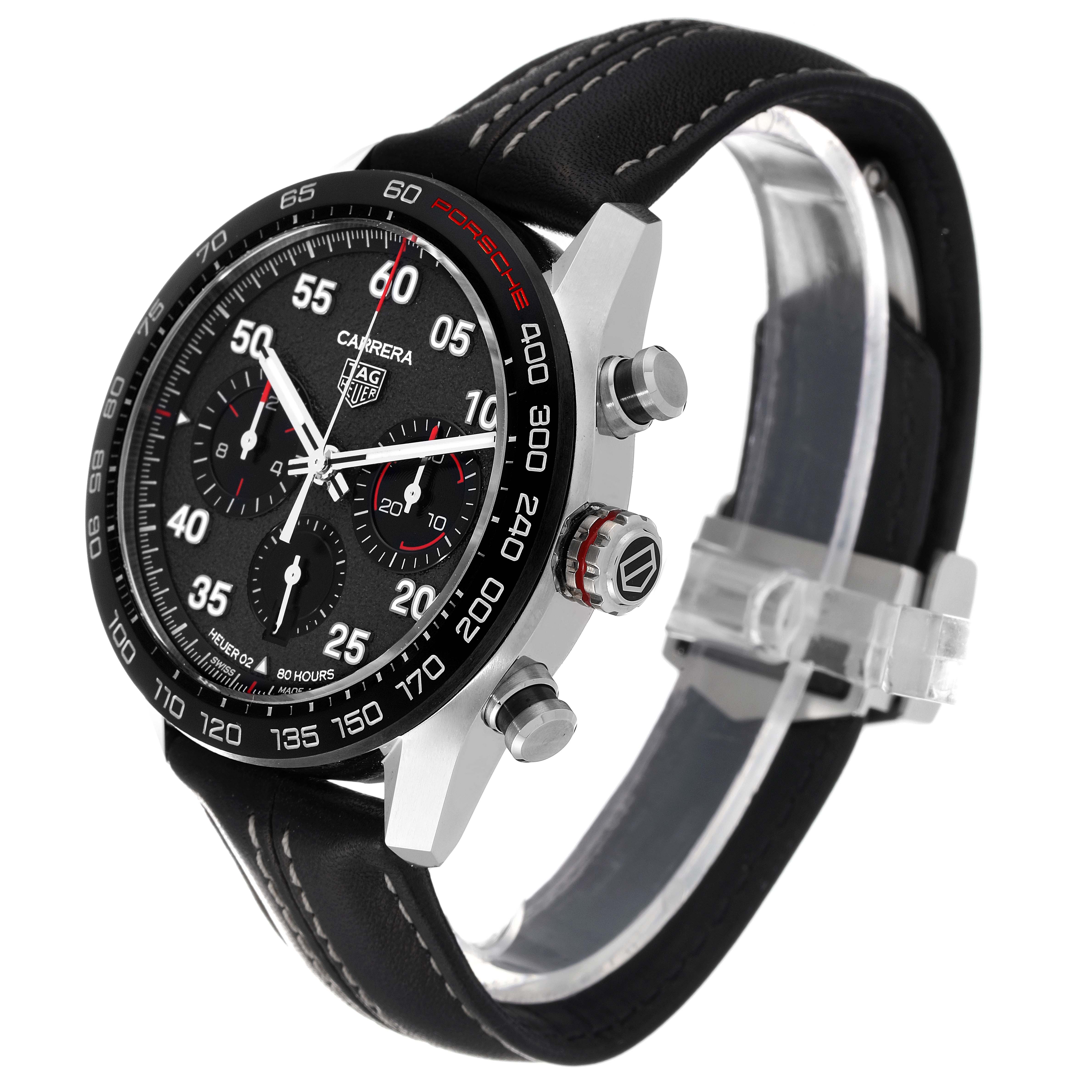 This image shows a side angle of the Tag Heuer Limited Edition CBN2A1F.FC6492 Men's Stainless Steel Grey Dial CBN2A1F.FC6492 Men's Stainless Steel Grey Dial Carrera watch, focusing on the face, bezel, crown, and strap.