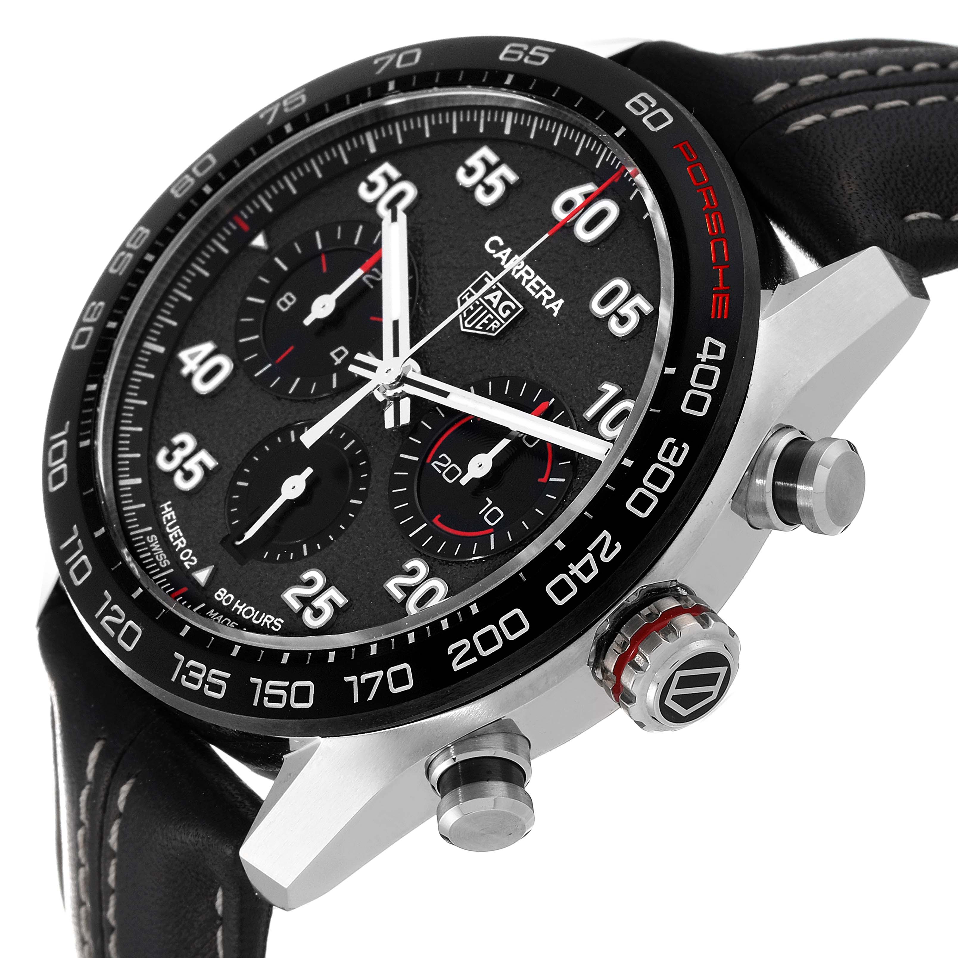 The image shows a close-up angled view of the Tag Heuer Carrera Porsche Limited Edition watch, highlighting its dial and chronographs.