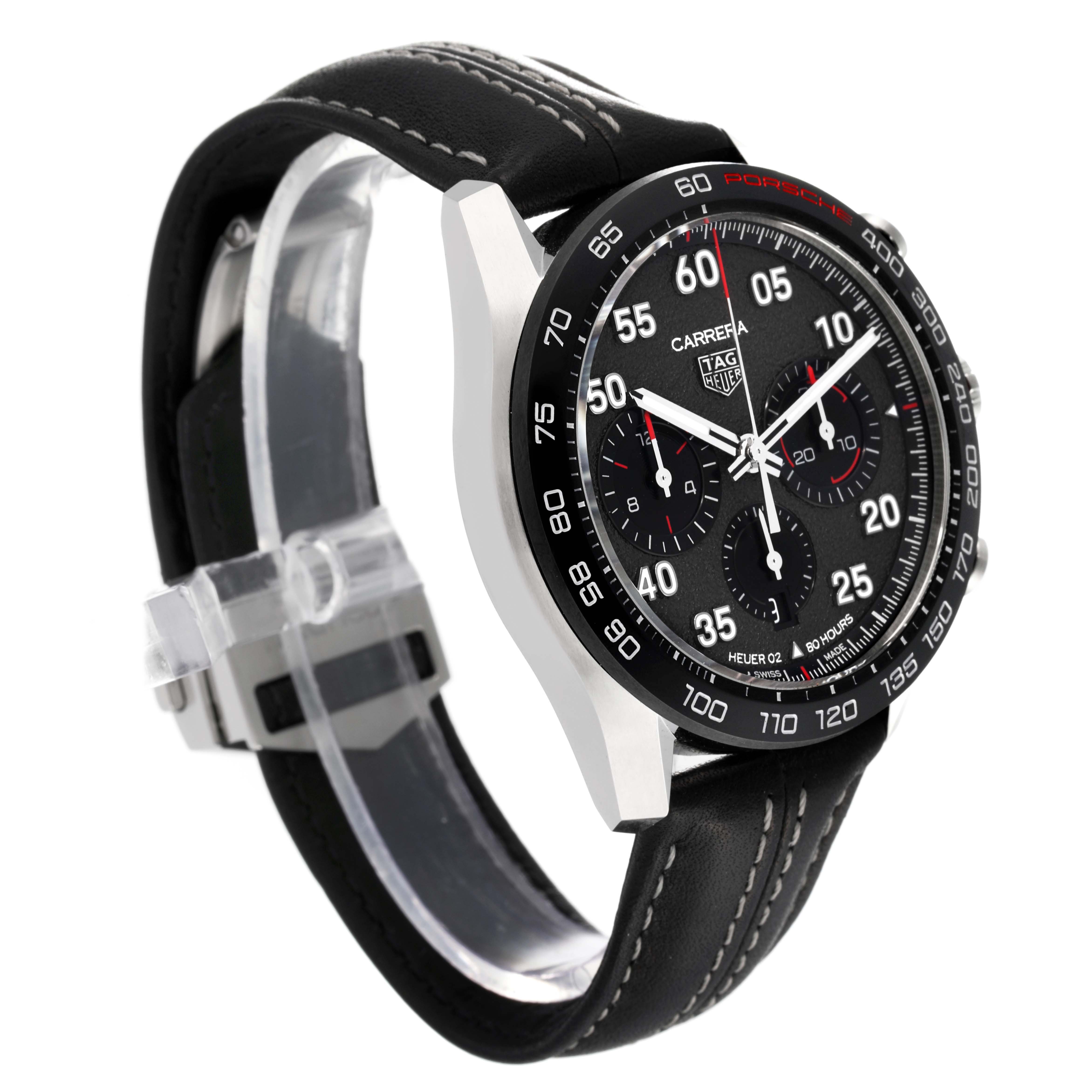 The image shows a Tag Heuer Carrera Limited Edition watch at a three-quarter angle, highlighting its face, bezel, and leather strap.