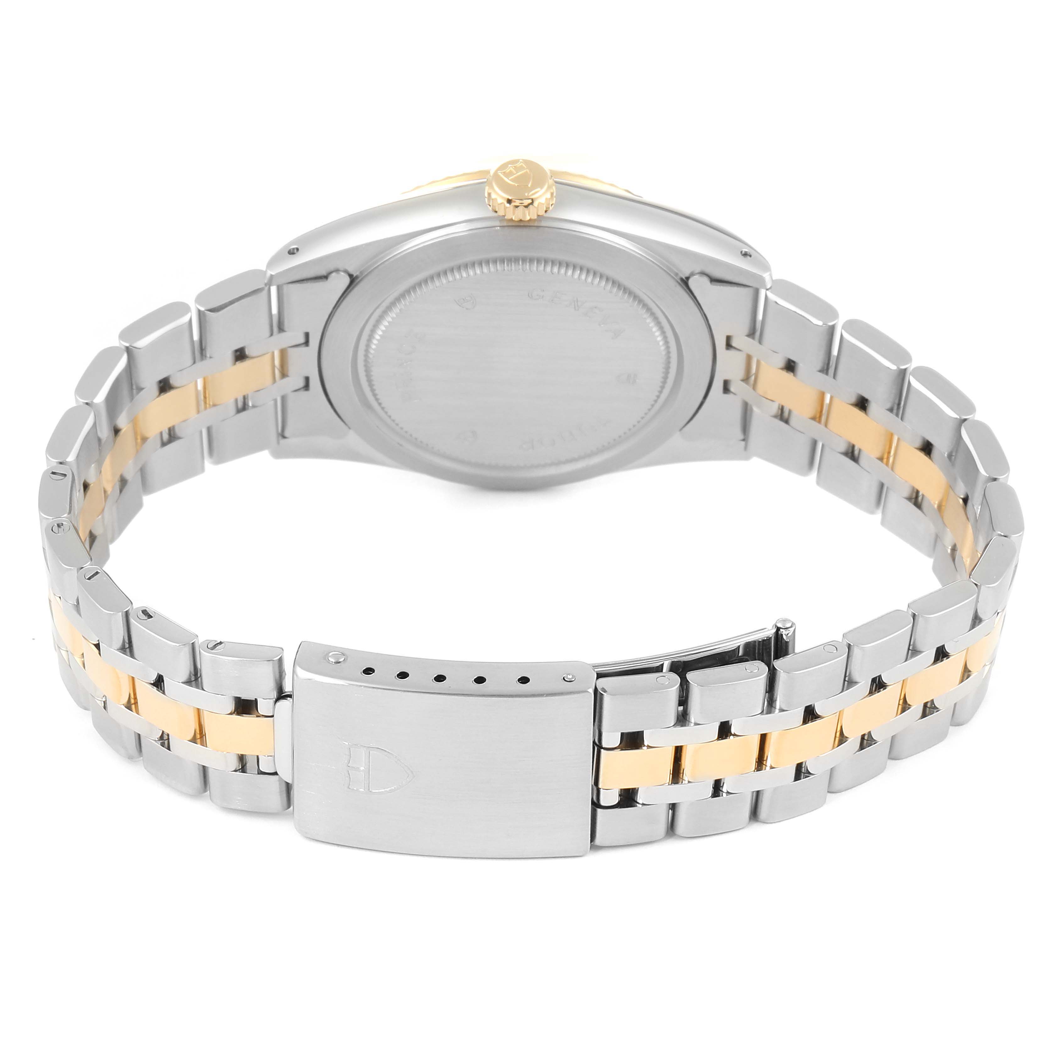 The image shows the back of a Tudor Prince 76213 Men's Steel and Gold (two tone) Champagne Dial 76213 Men's Steel and Gold (two tone) Champagne Dial watch, highlighting the case, crown, and two-tone bracelet with the clasp visible.