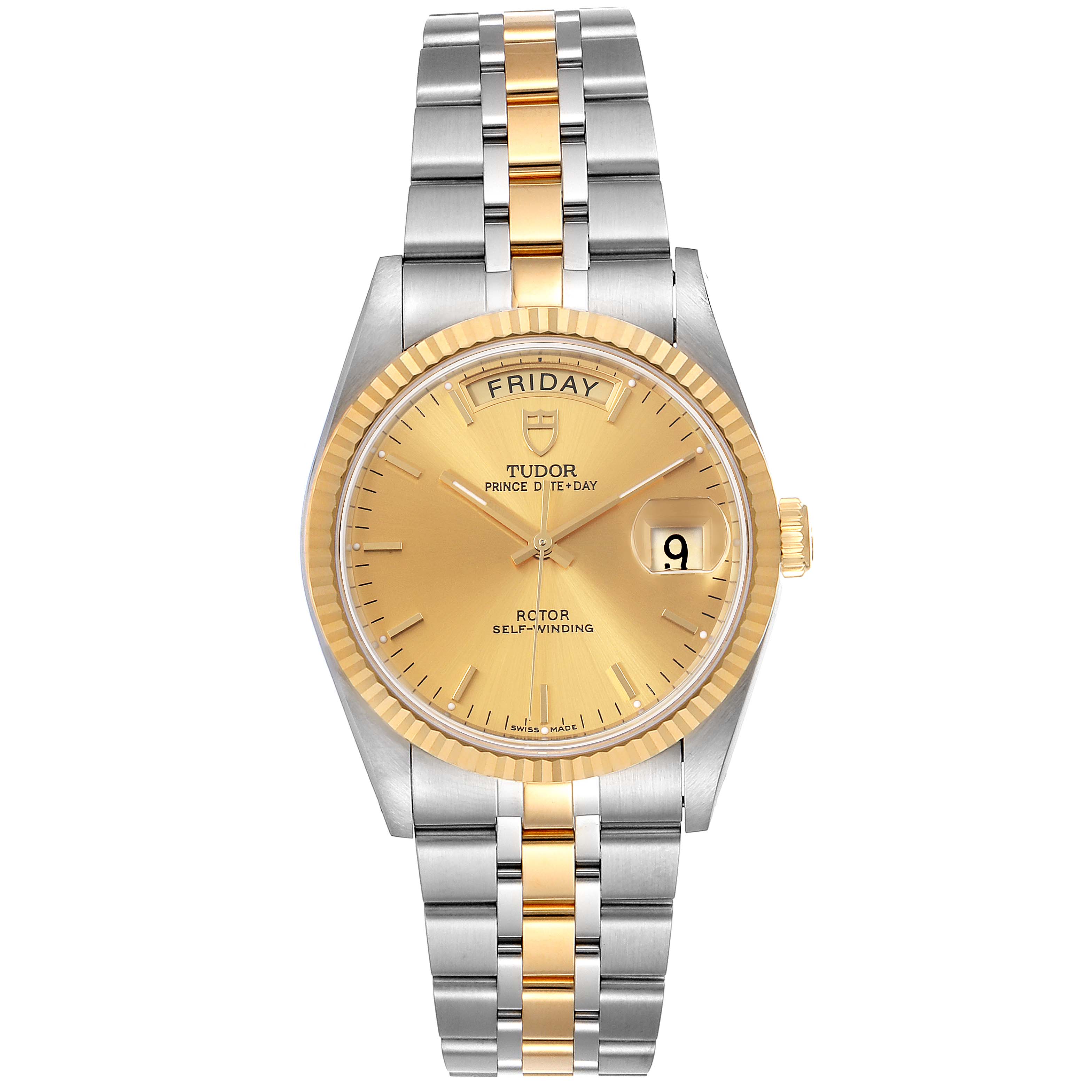 The Tudor Prince 76213 Men's Steel and Gold (two tone) Champagne Dial 76213 Men's Steel and Gold (two tone) Champagne Dial watch is shown from a top view, displaying the face, bezel, and bracelet.